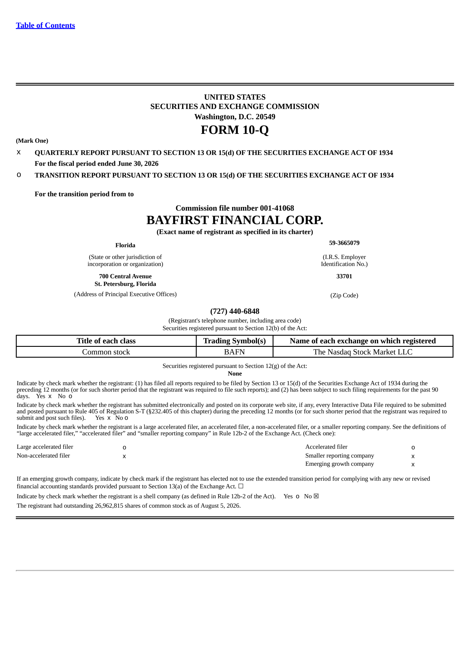 BayFirst Financial's Q2 2026 Quarterly report