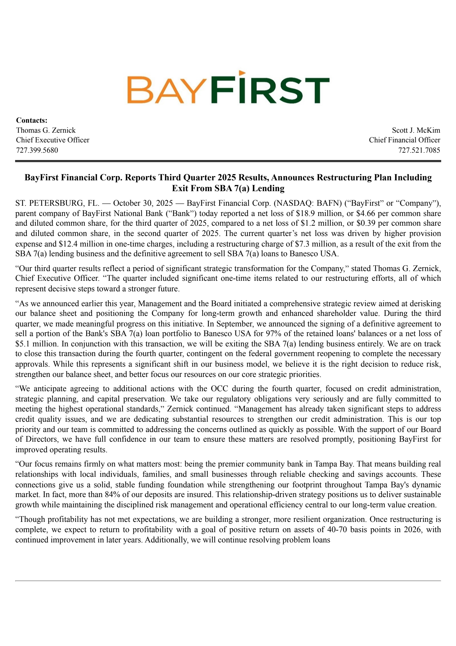 BayFirst Financial's Q3 2025 Earnings Release