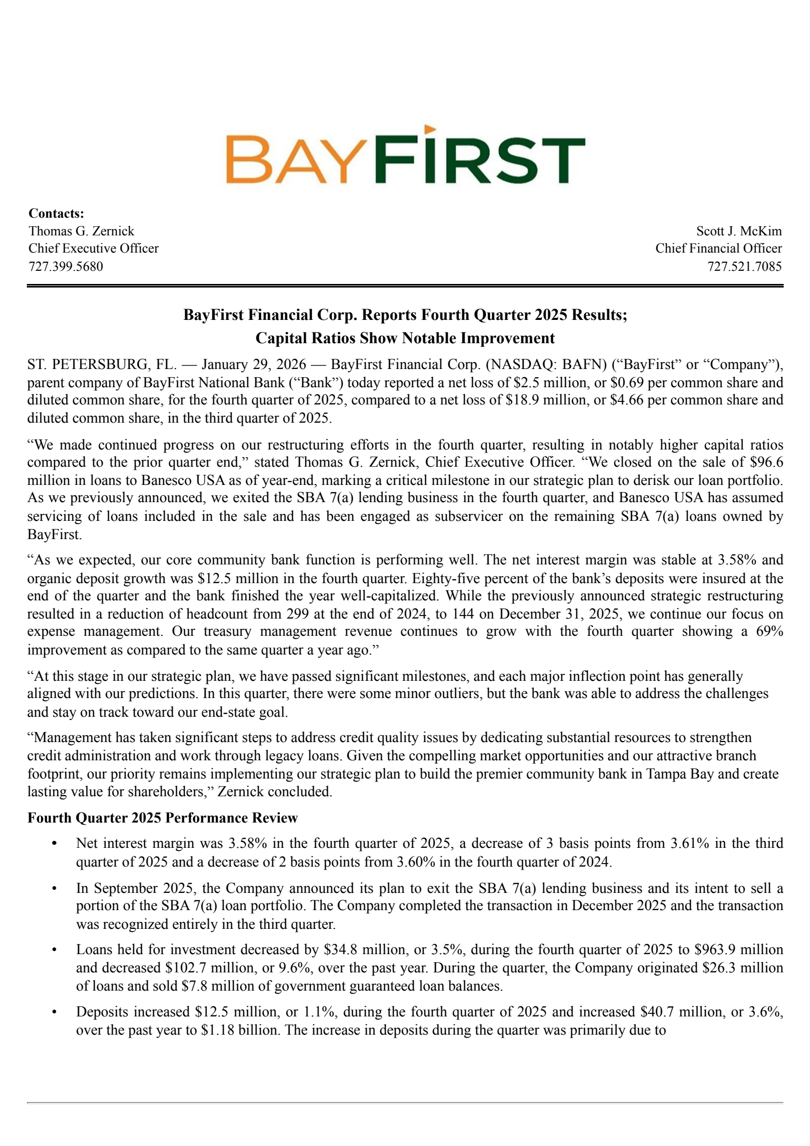 BayFirst Financial's Q4 2025 Press Release