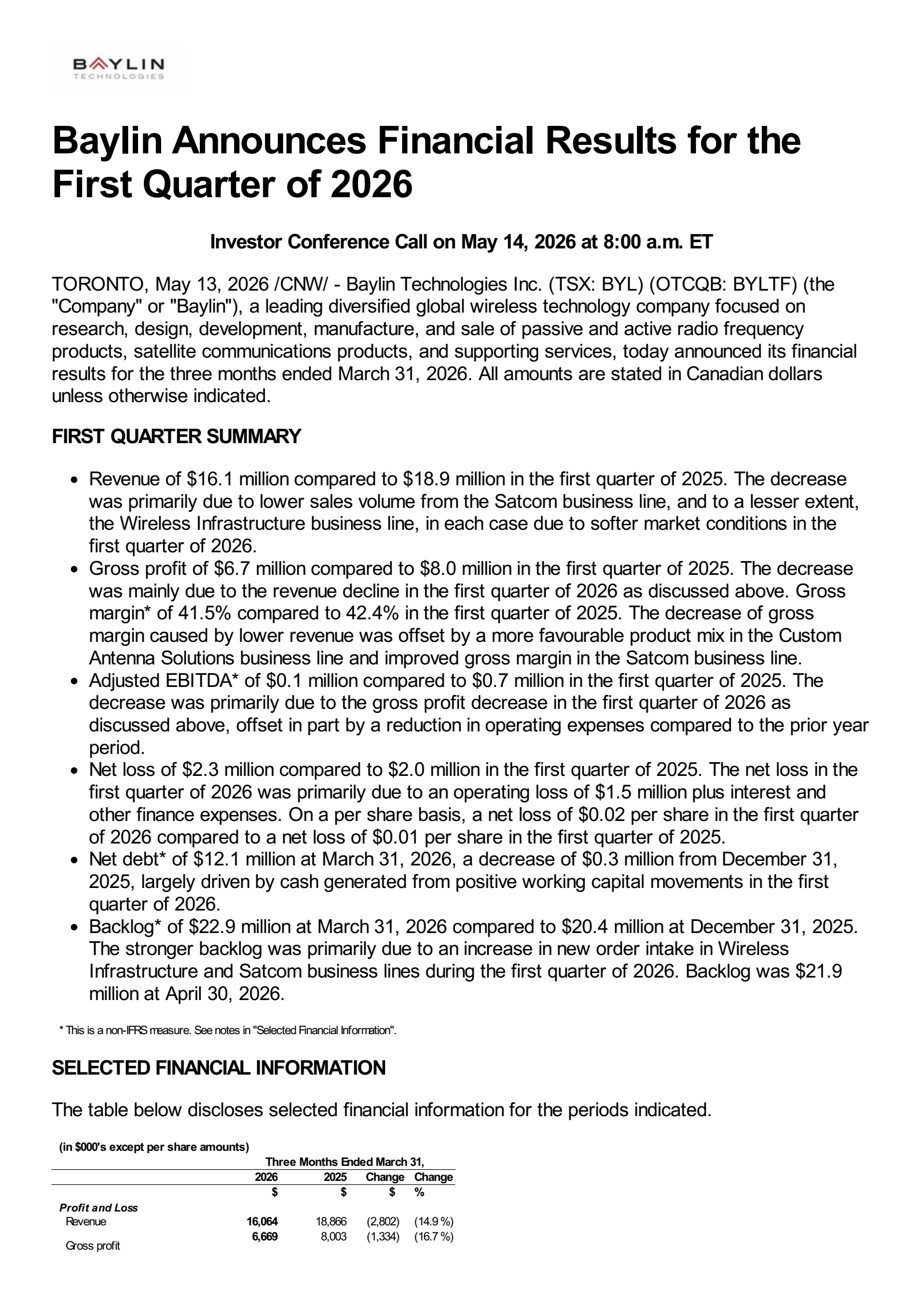 Baylin Technologies' Q1 2026 Press Release