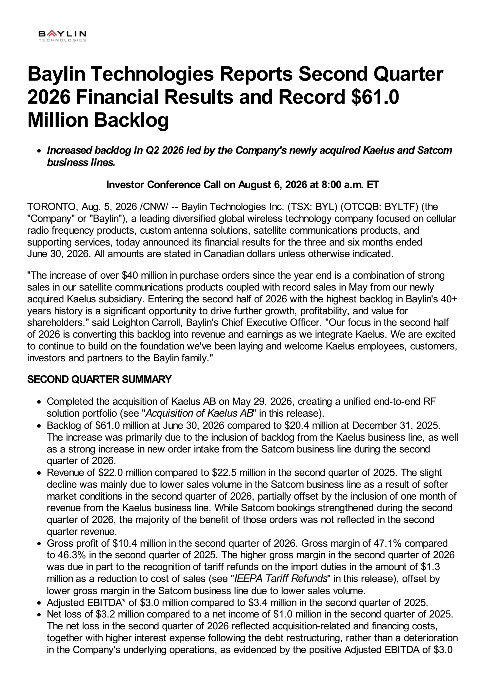 Baylin Technologies' Q2 2026 Press Release