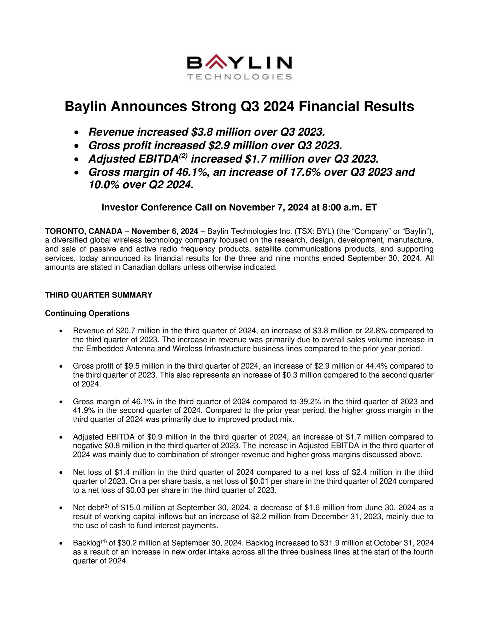 Baylin Technologies' Q3 2024 Press Release