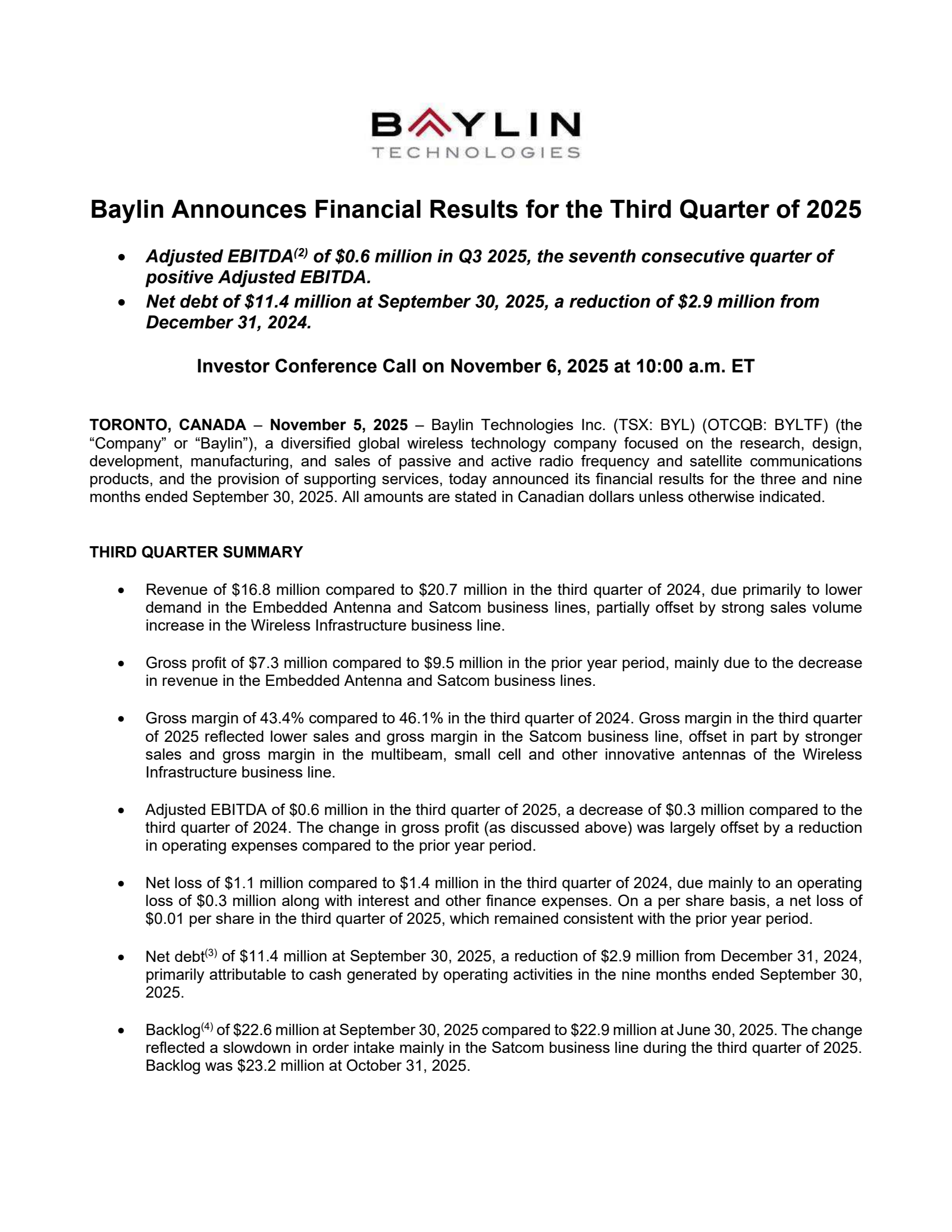 Baylin Technologies' Q3 2025 Earnings Release