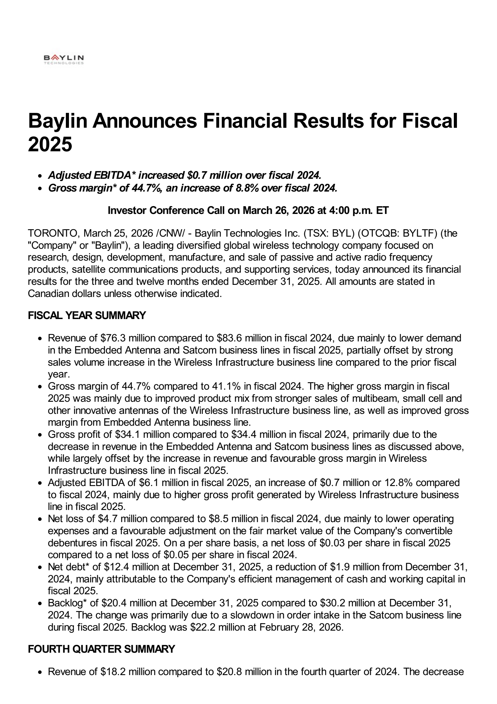 Baylin Technologies' Q4 2025 Press Release