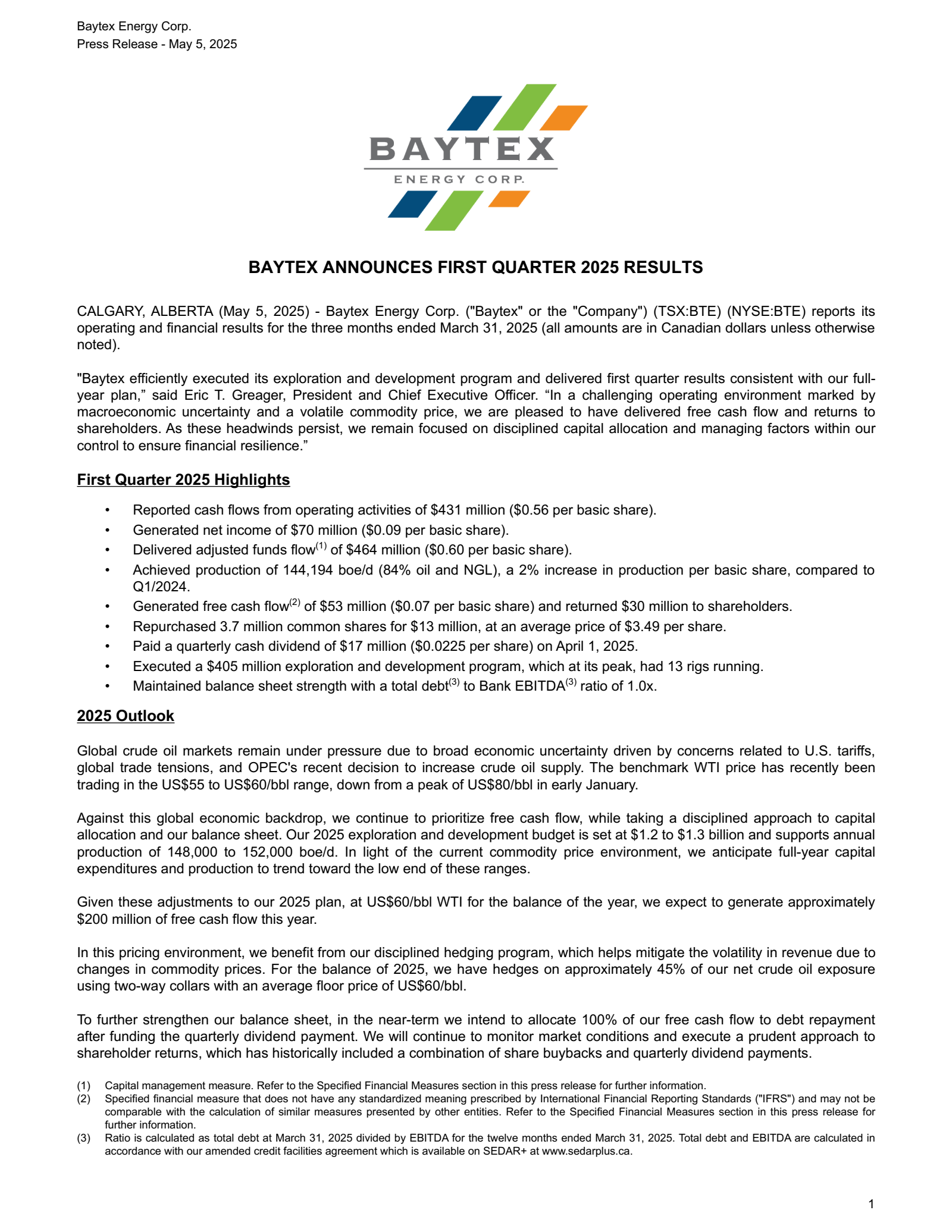 Baytex Energy's Q1 2025 Press Release