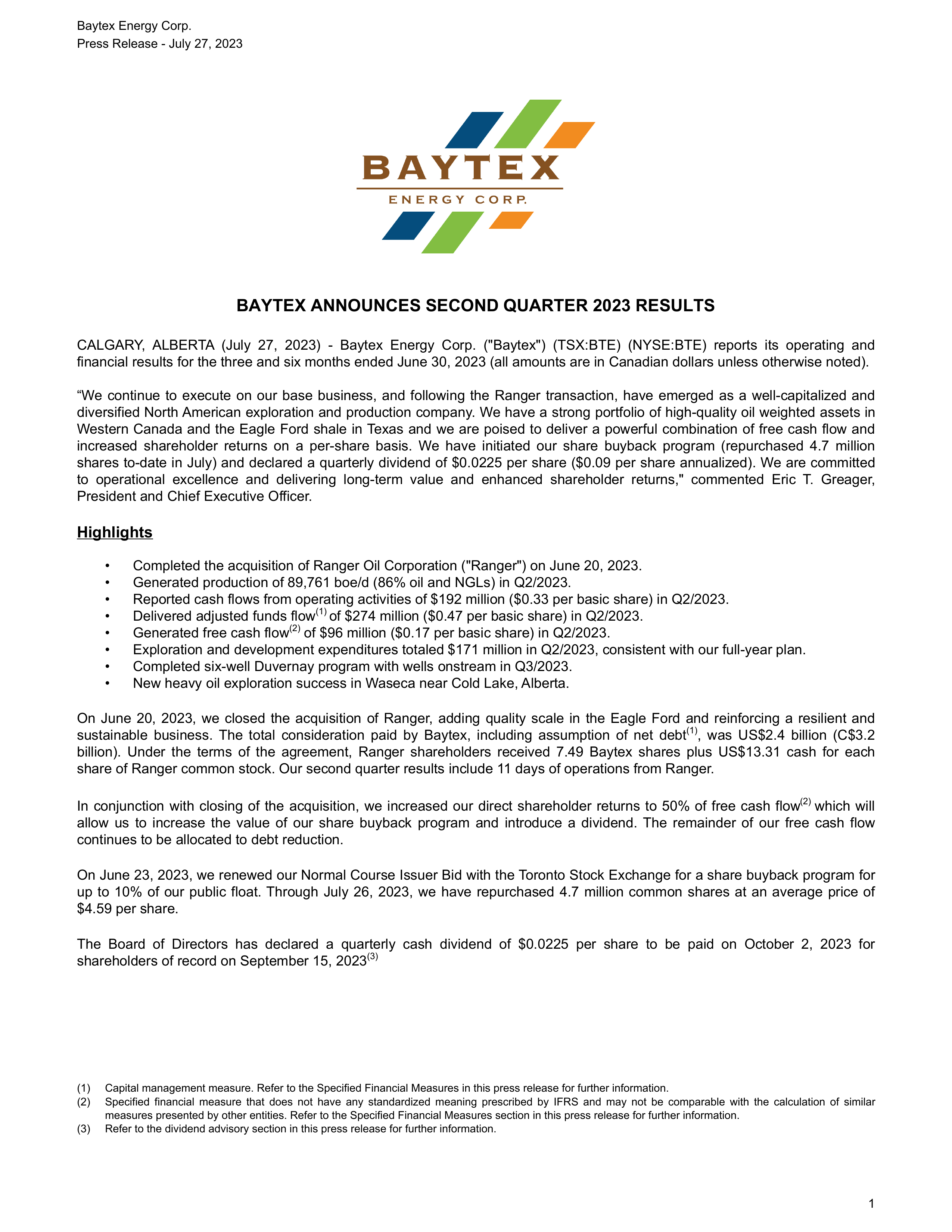Baytex Energy's Q2 2023 Press Release