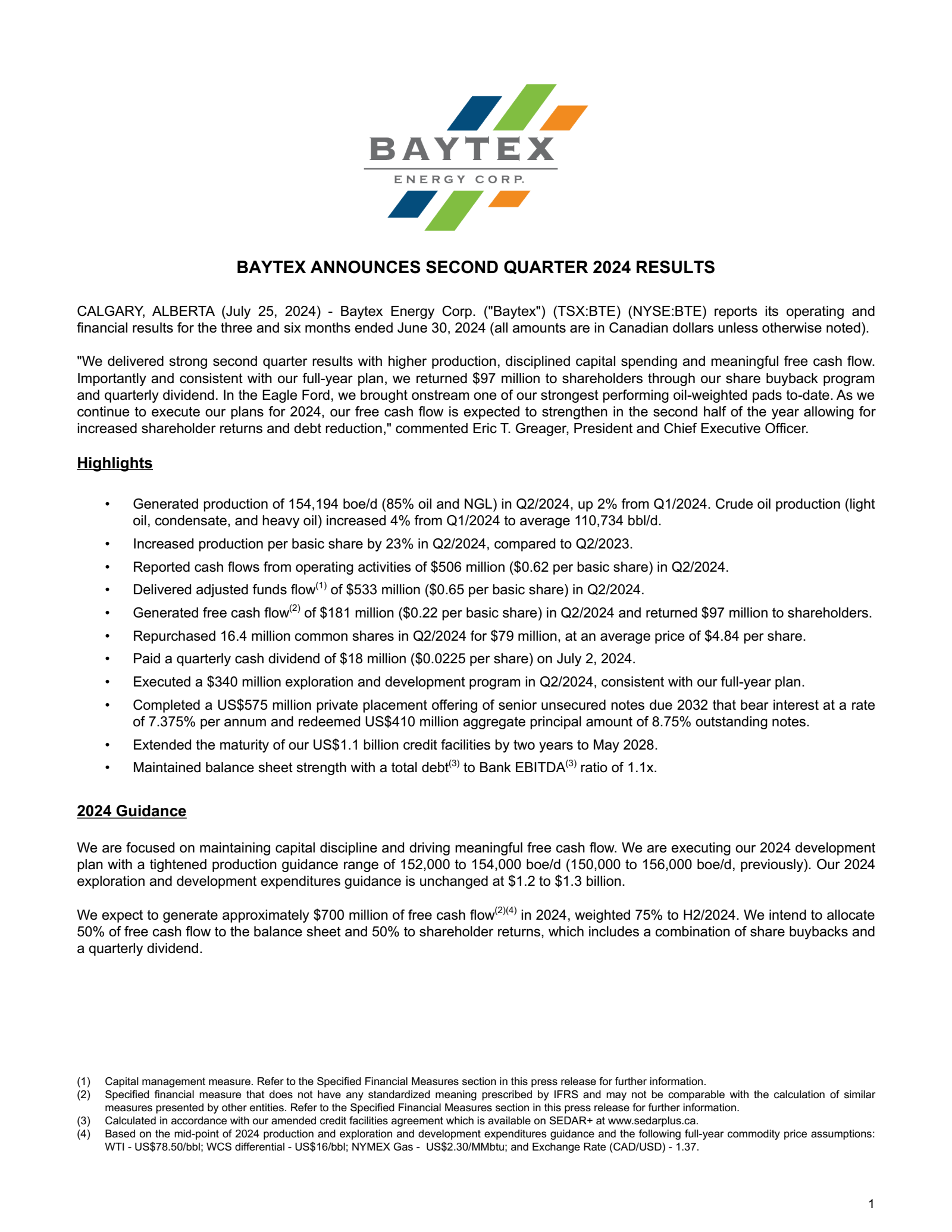 Baytex Energy's Q2 2024 Press Release