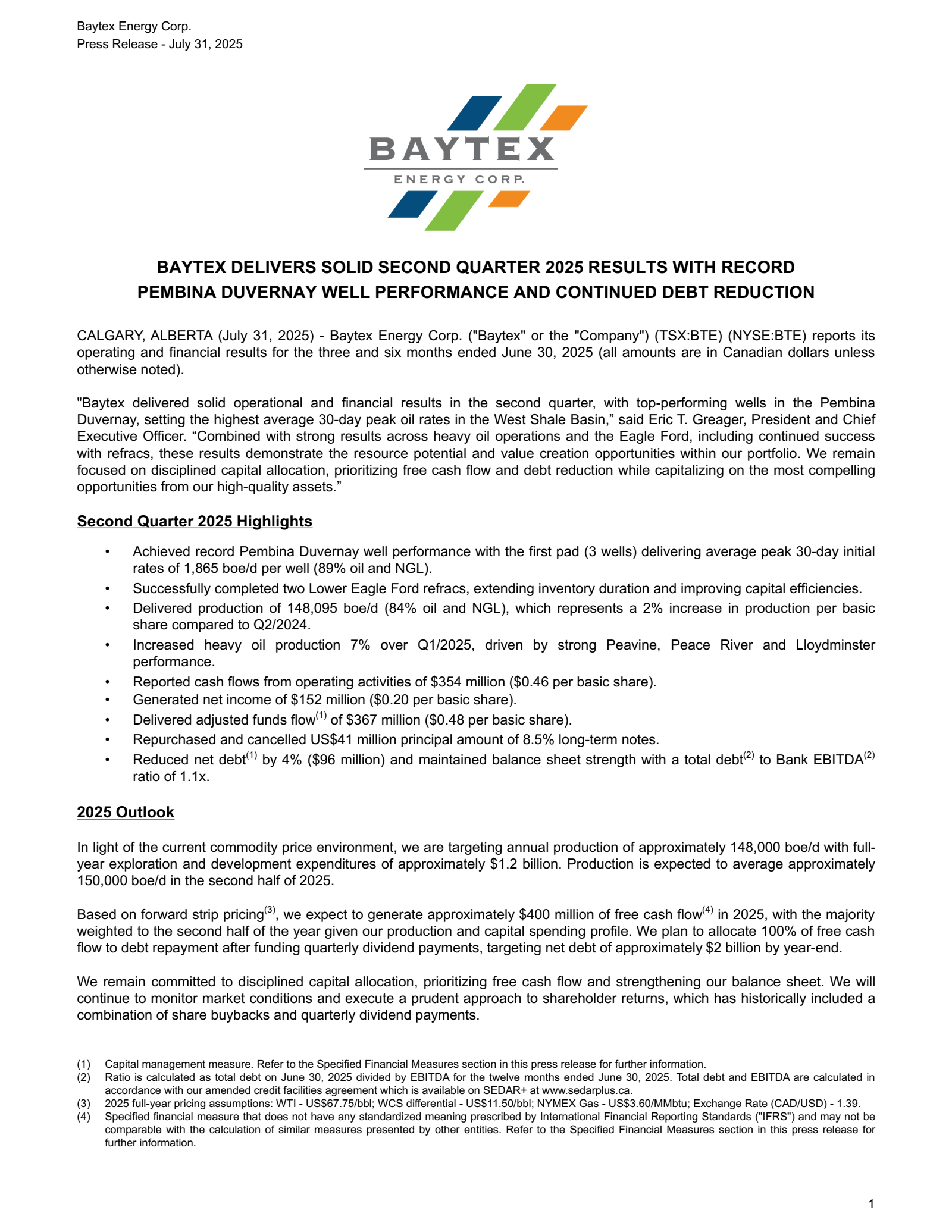 Baytex Energy's Q2 2025 Press Release