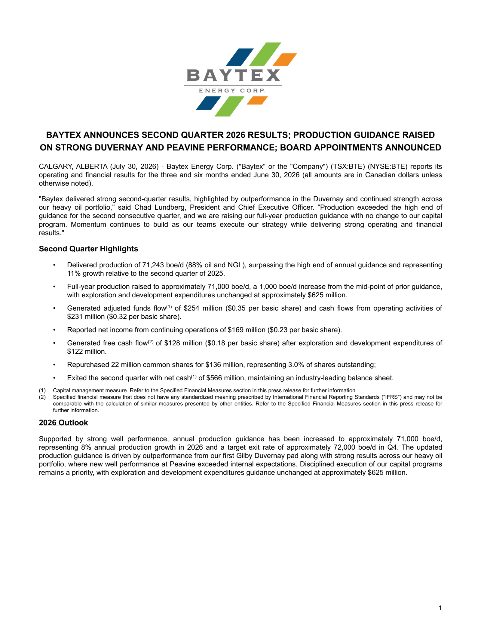 Baytex Energy's Q2 2026 Press Release
