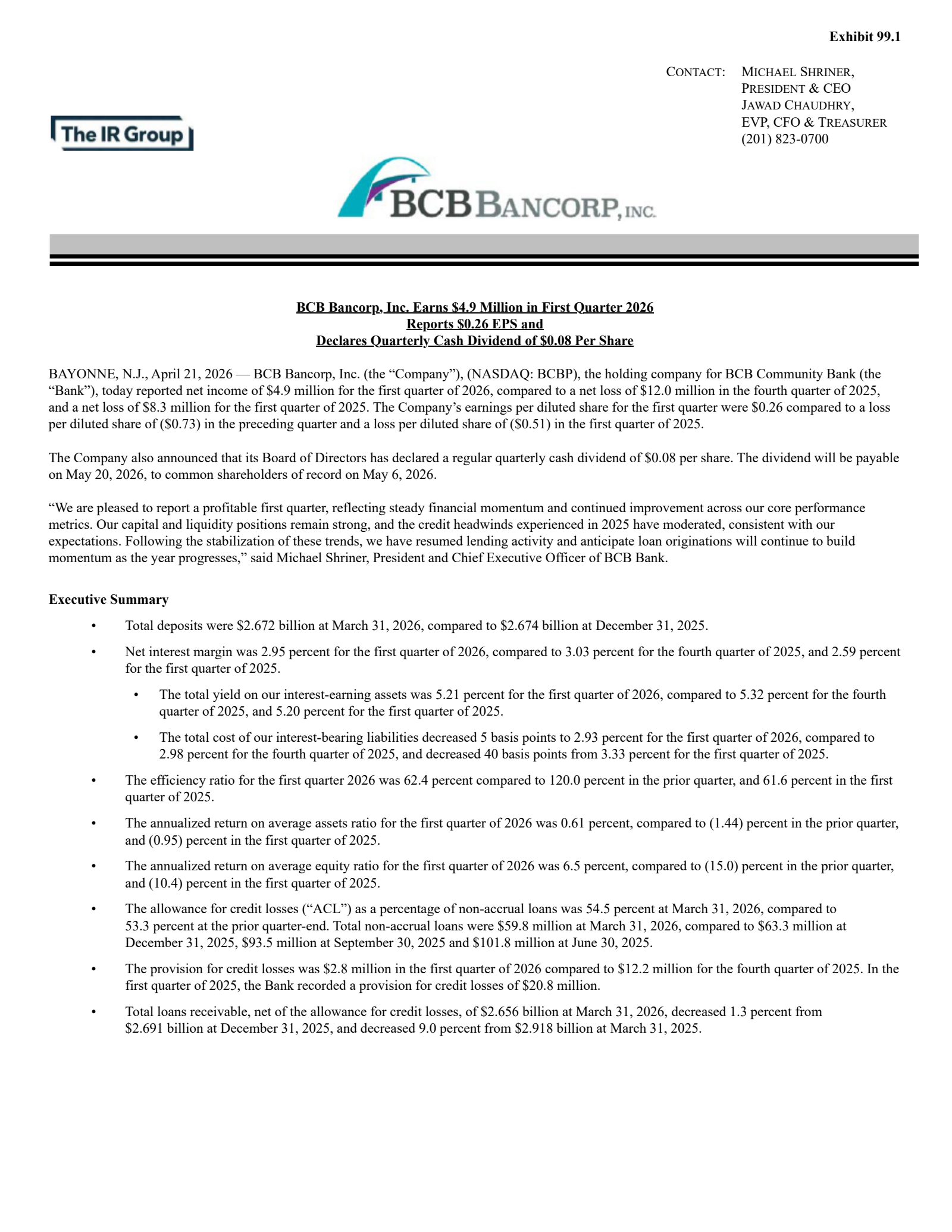 BCB Bancorp, Inc. (NJ)'s Q1 2026 Press Release