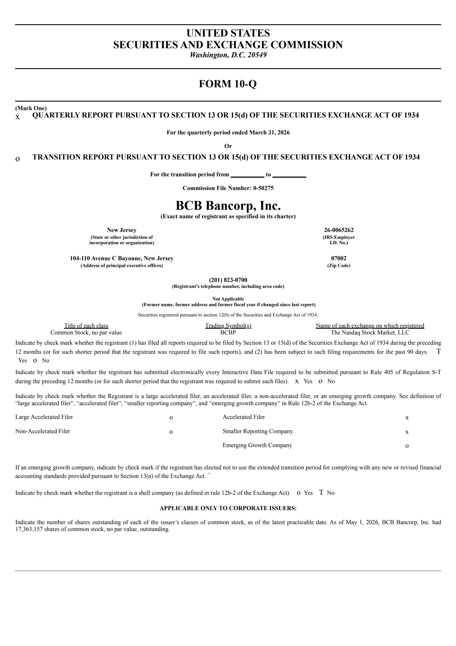 BCB Bancorp, Inc. (NJ)'s Q1 2026 Quarterly report