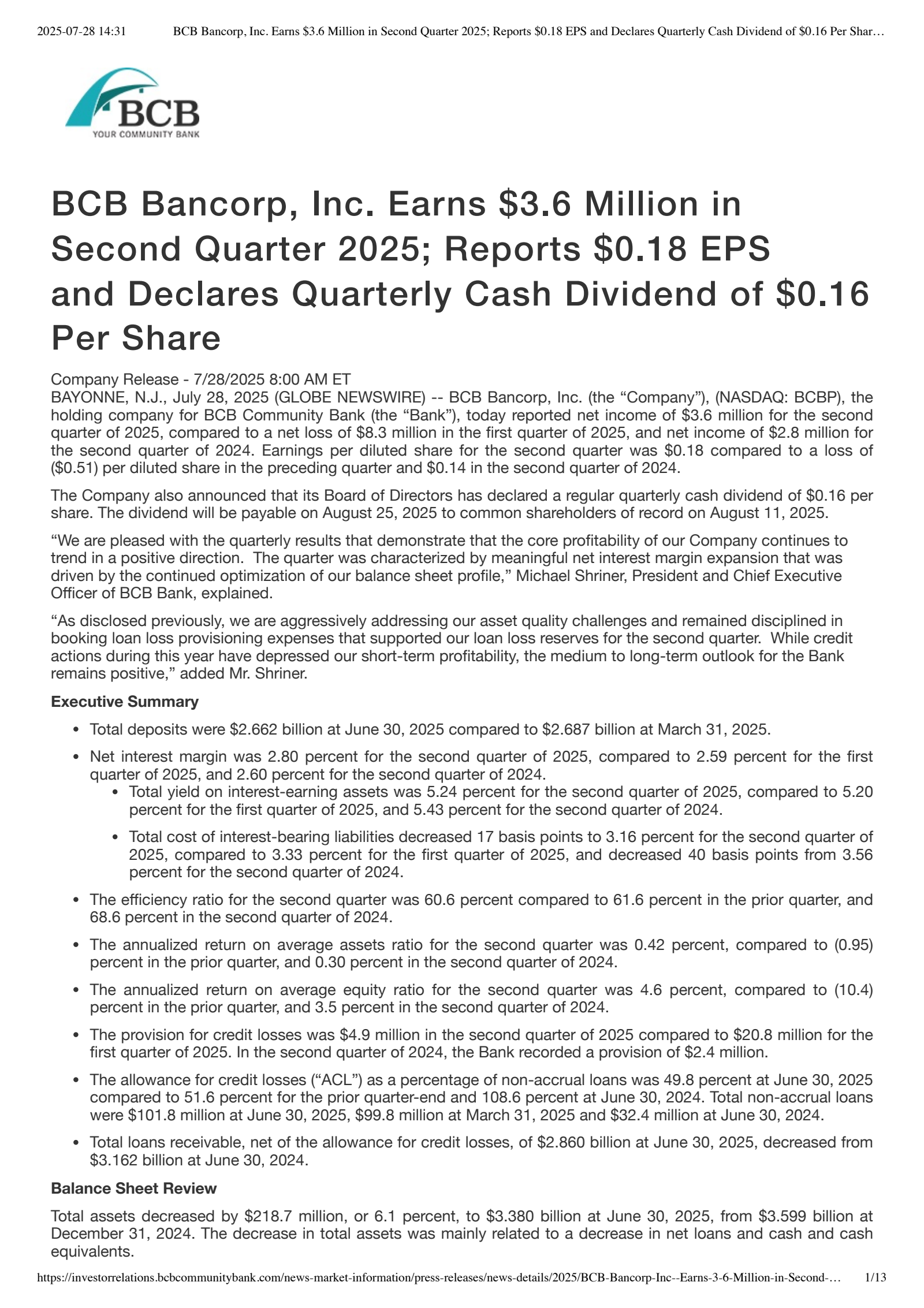 BCB Bancorp, Inc. (NJ)'s Q2 2025 Press Release