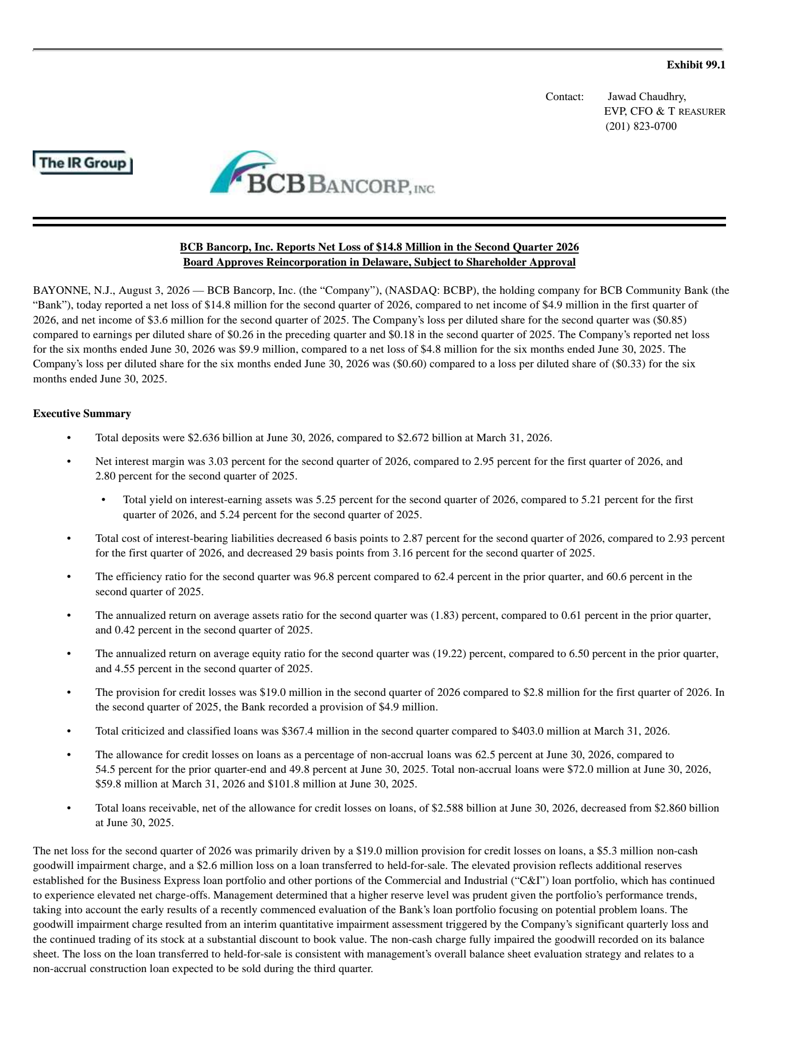 BCB Bancorp, Inc. (NJ)'s Q2 2026 Press Release