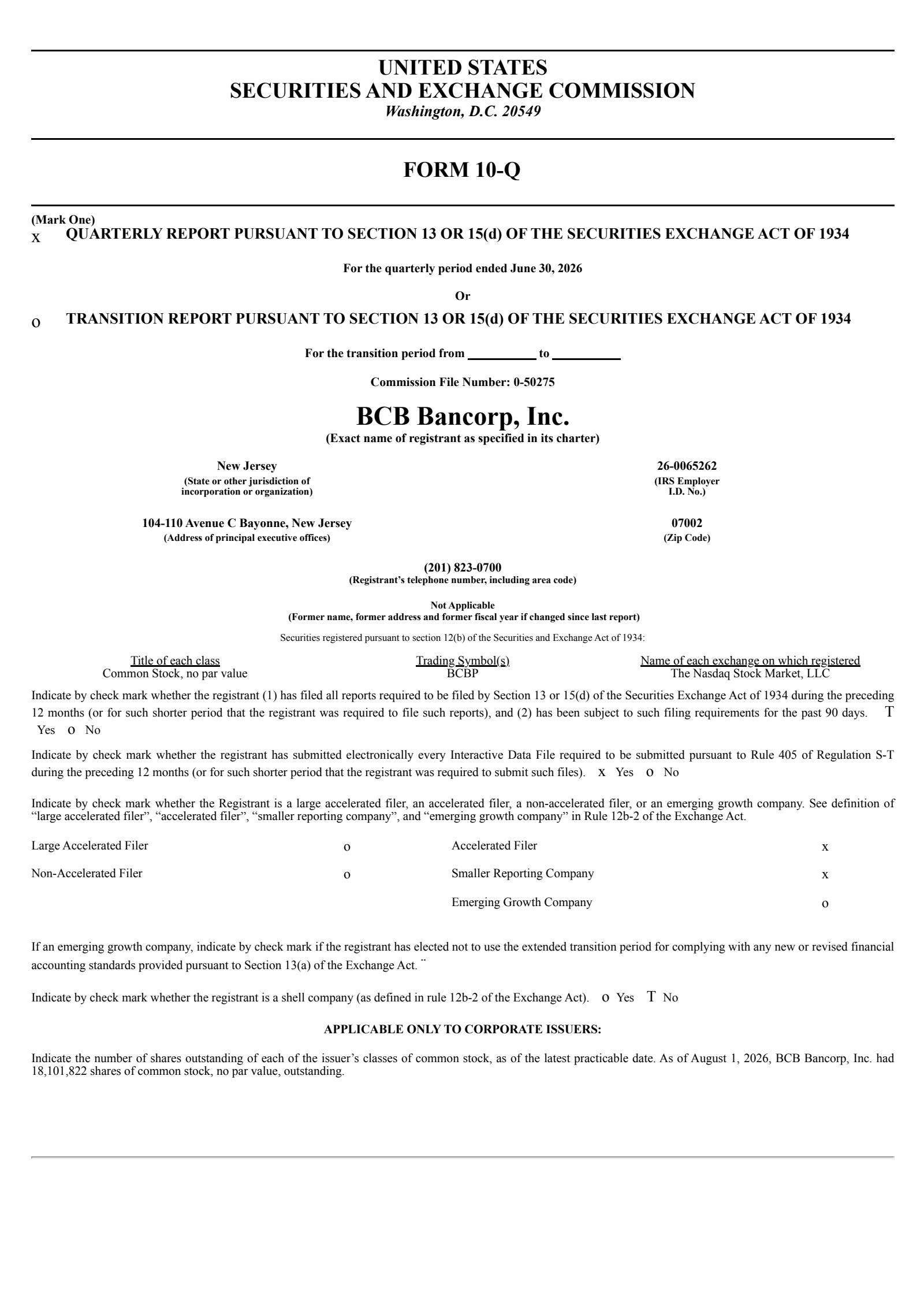 BCB Bancorp, Inc. (NJ)'s Q2 2026 Quarterly report