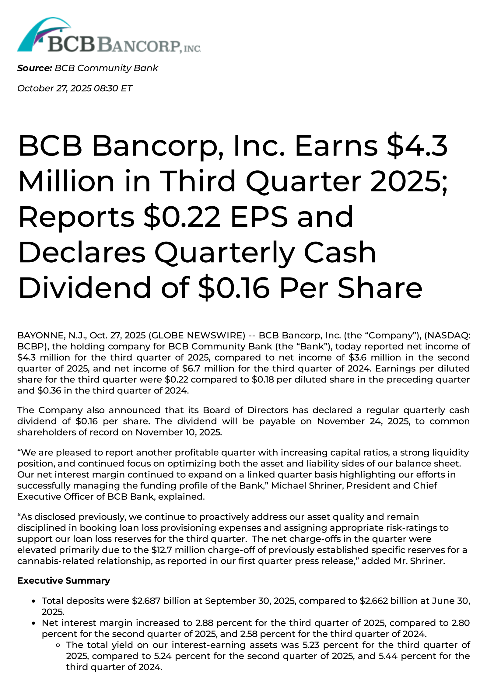 BCB Bancorp, Inc. (NJ)'s Q3 2025 Earnings Release