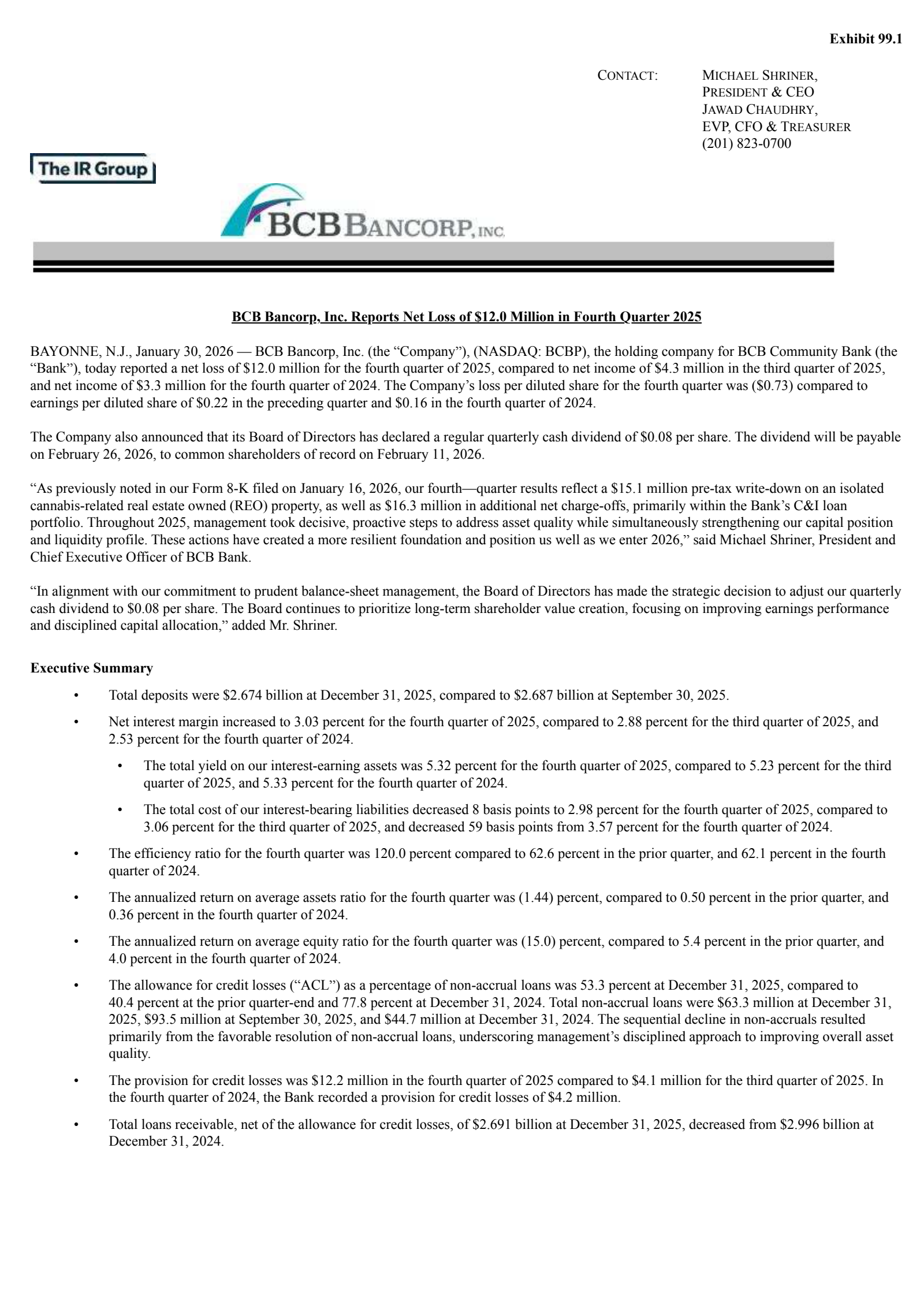 BCB Bancorp, Inc. (NJ)'s Q4 2025 Press Release