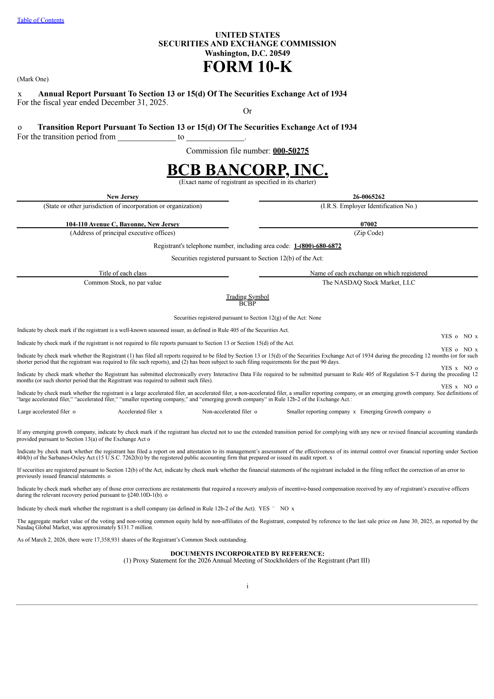 BCB Bancorp, Inc. (NJ)'s Q4 2025 Annual report