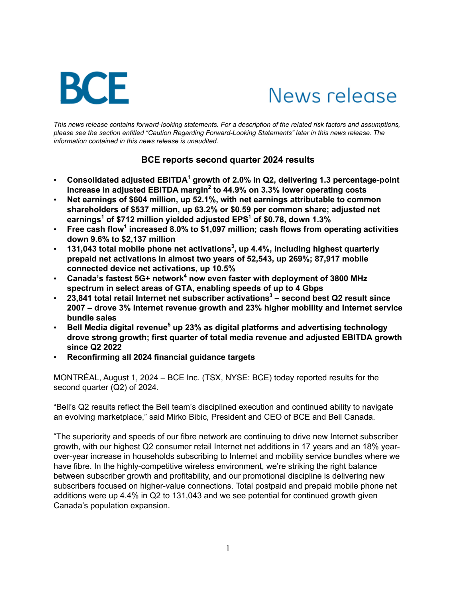 BCE's Q2 2024 Earnings Release