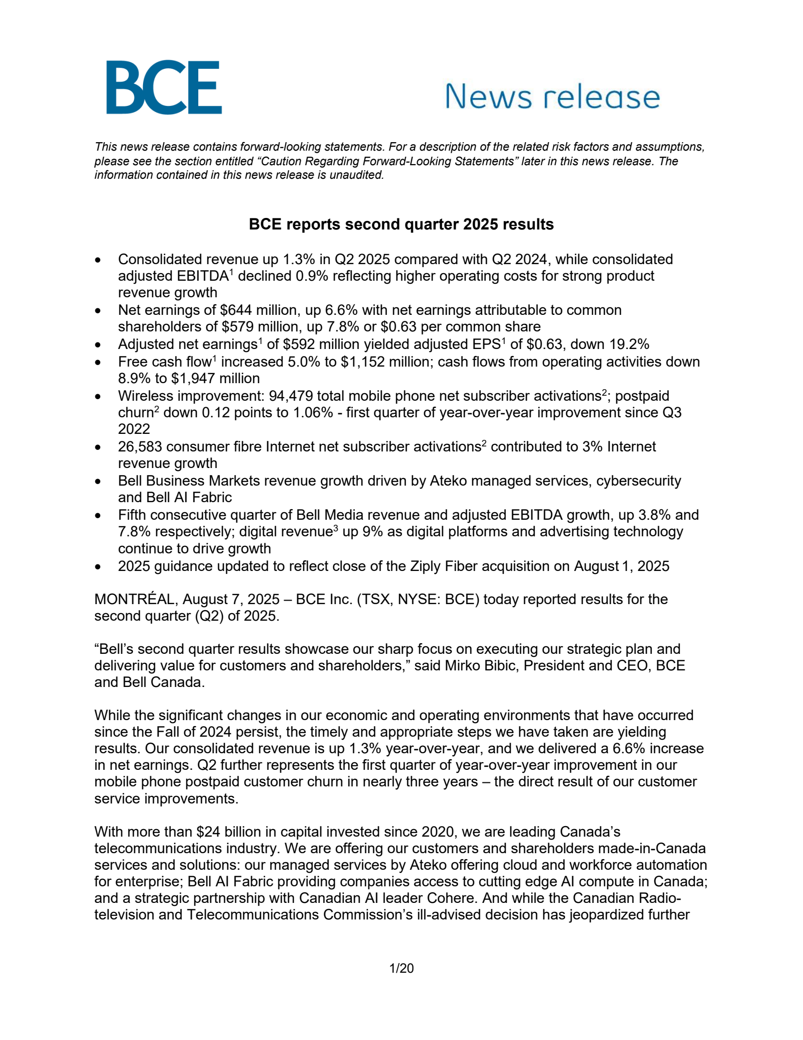 BCE's Q2 2025 Press Release