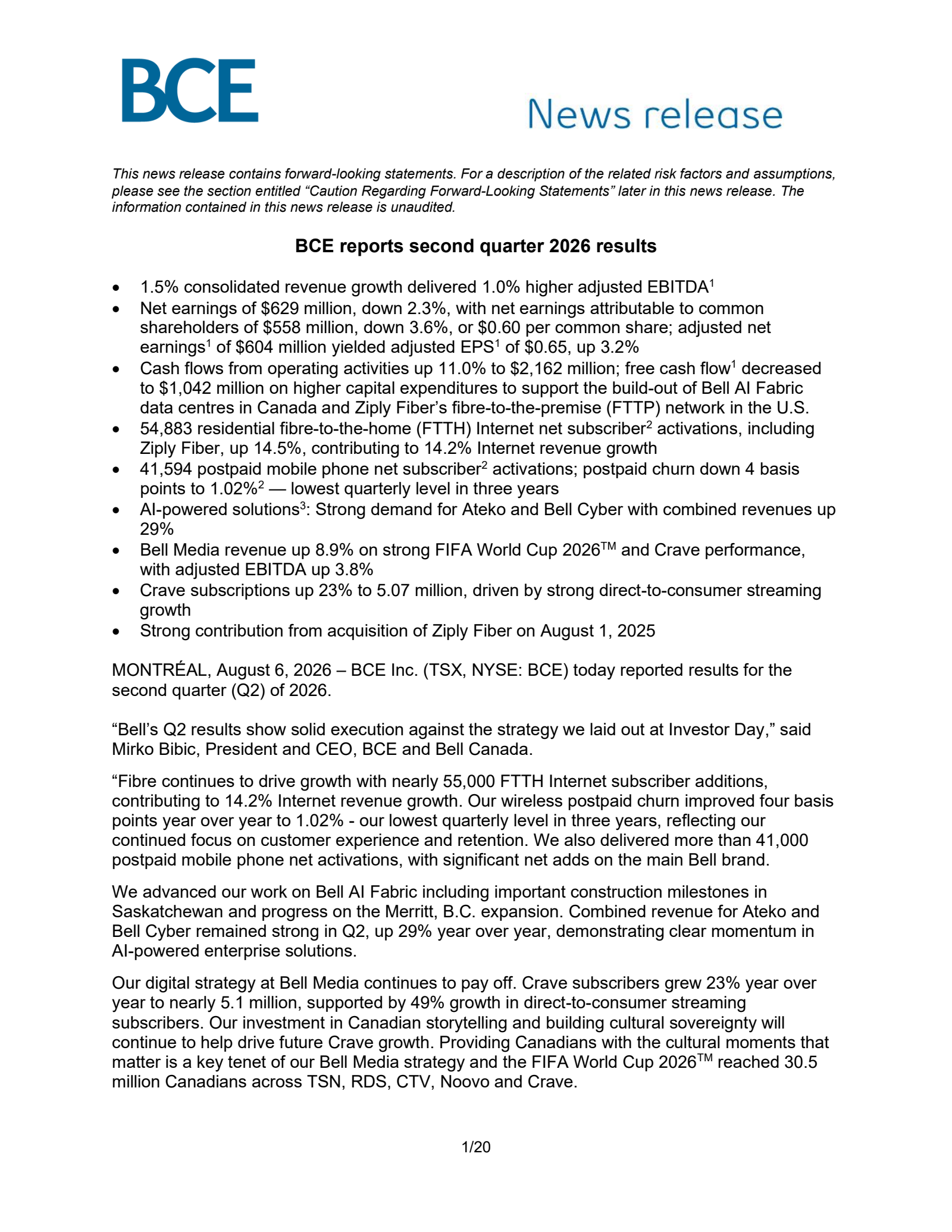 BCE's Q2 2026 Press Release