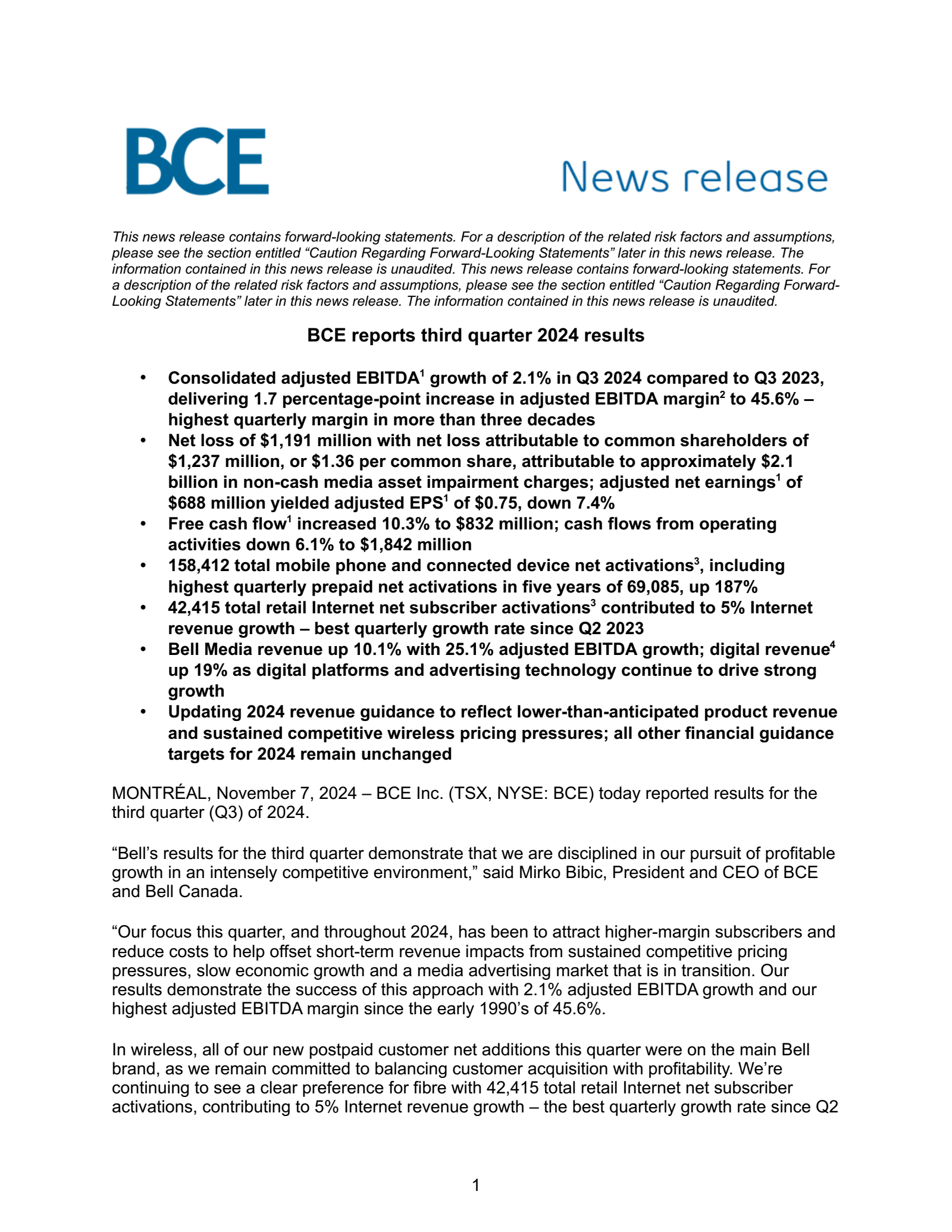 BCE's Q3 2024 Interim report