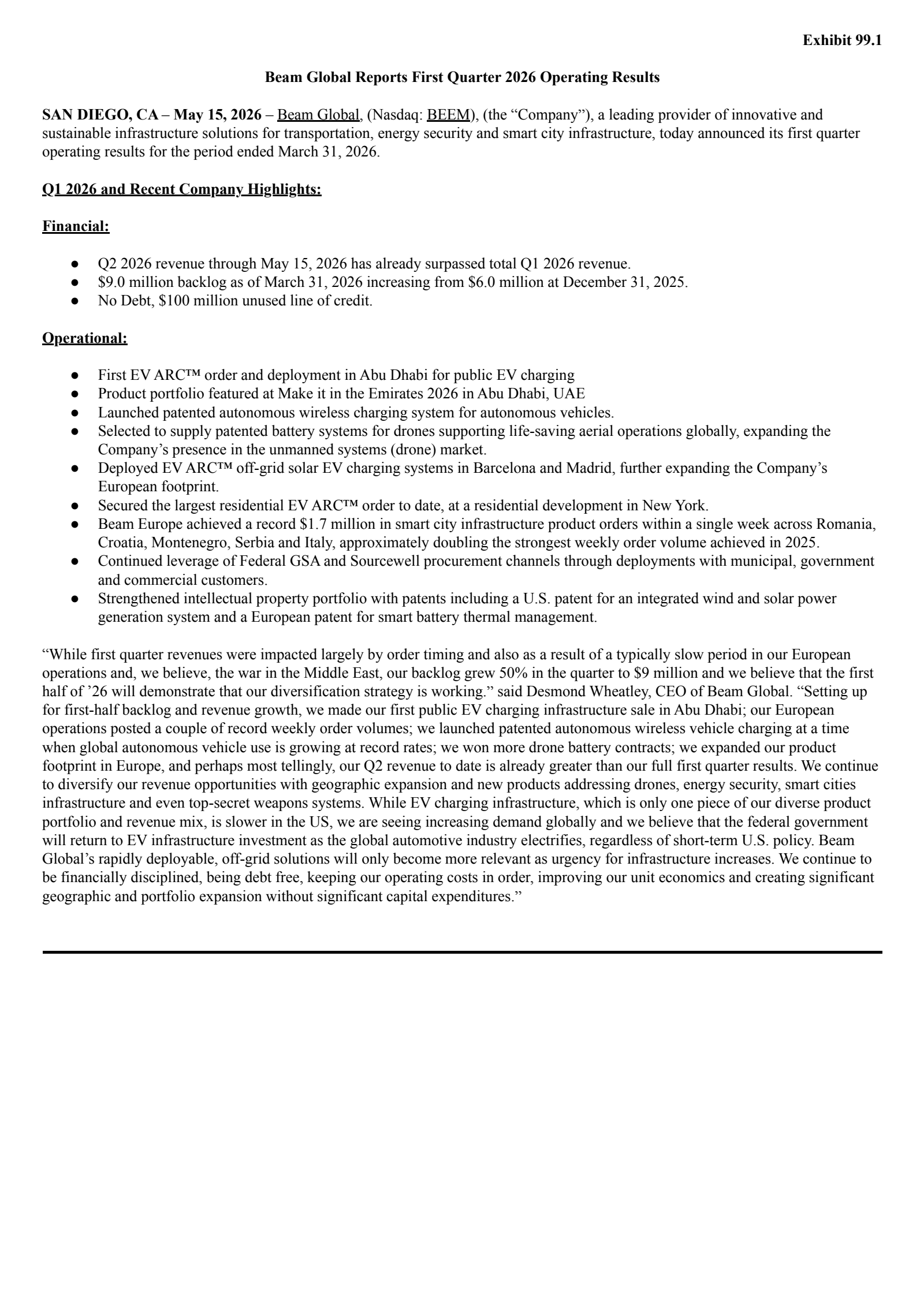 Beam Global's Q1 2026 Press Release