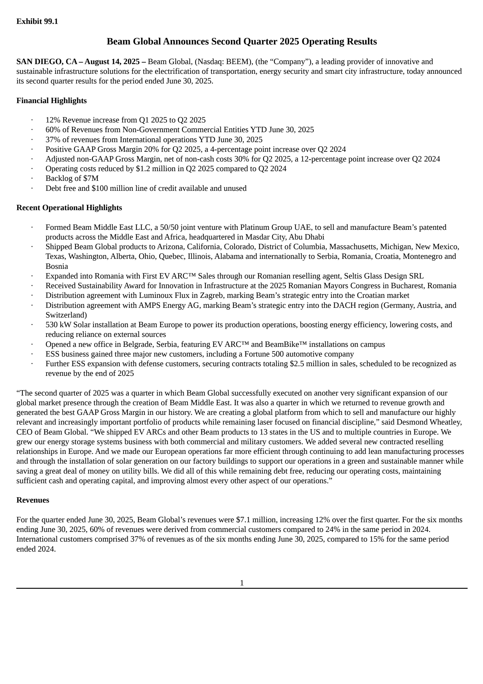 Beam Global's Q2 2025 Press Release