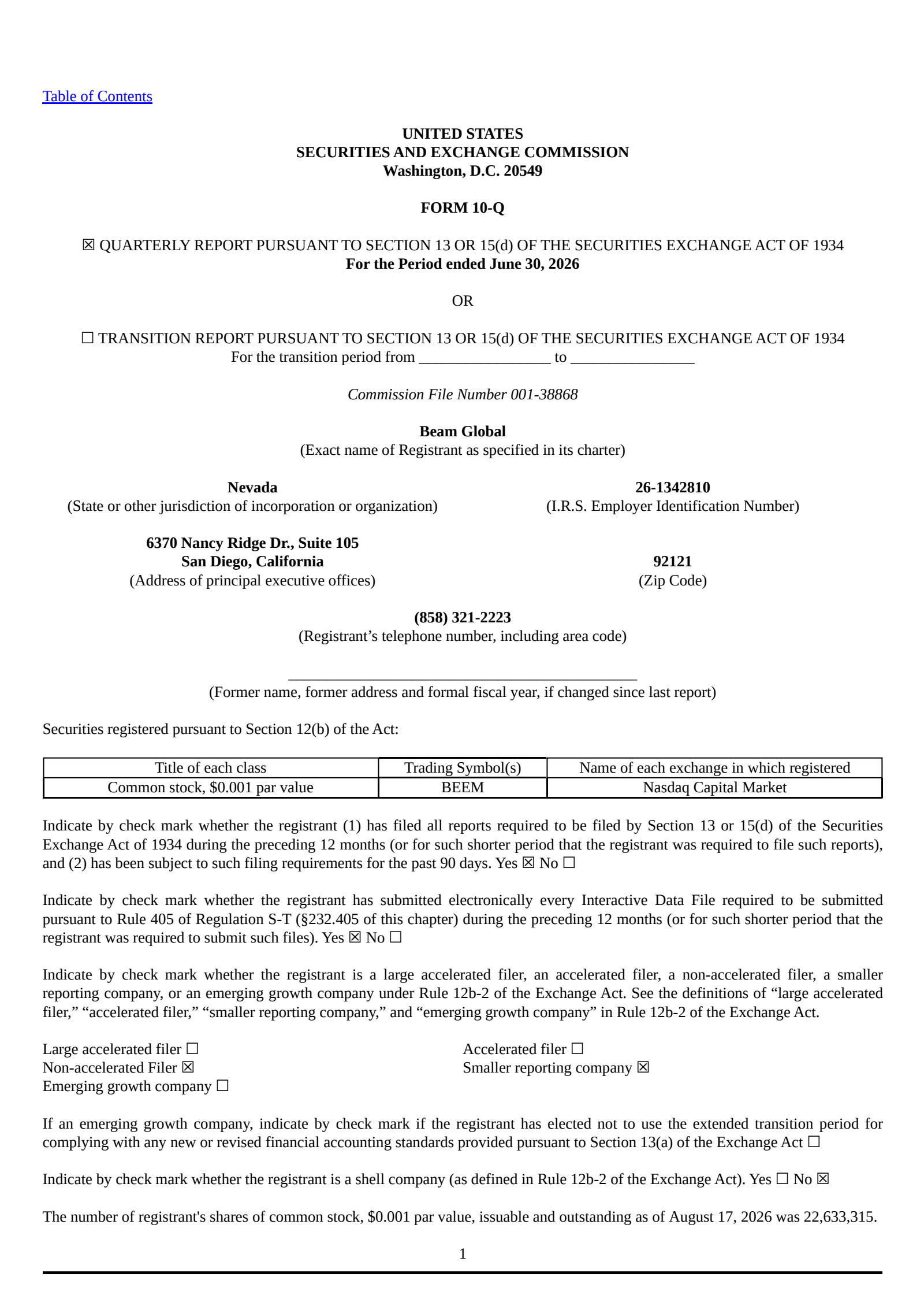Beam Global's Q2 2026 Quarterly report