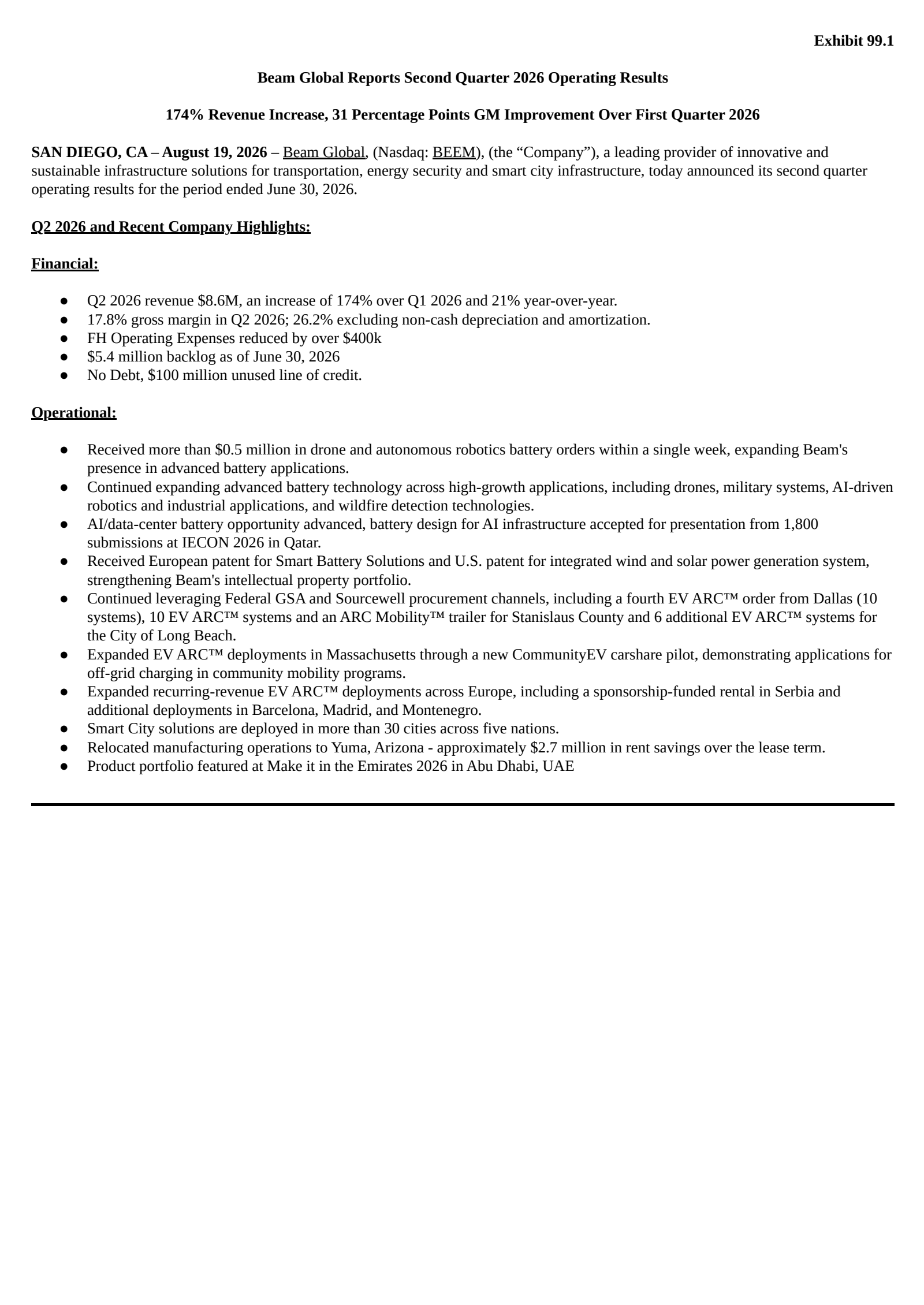 Beam Global's Q2 2026 Press Release