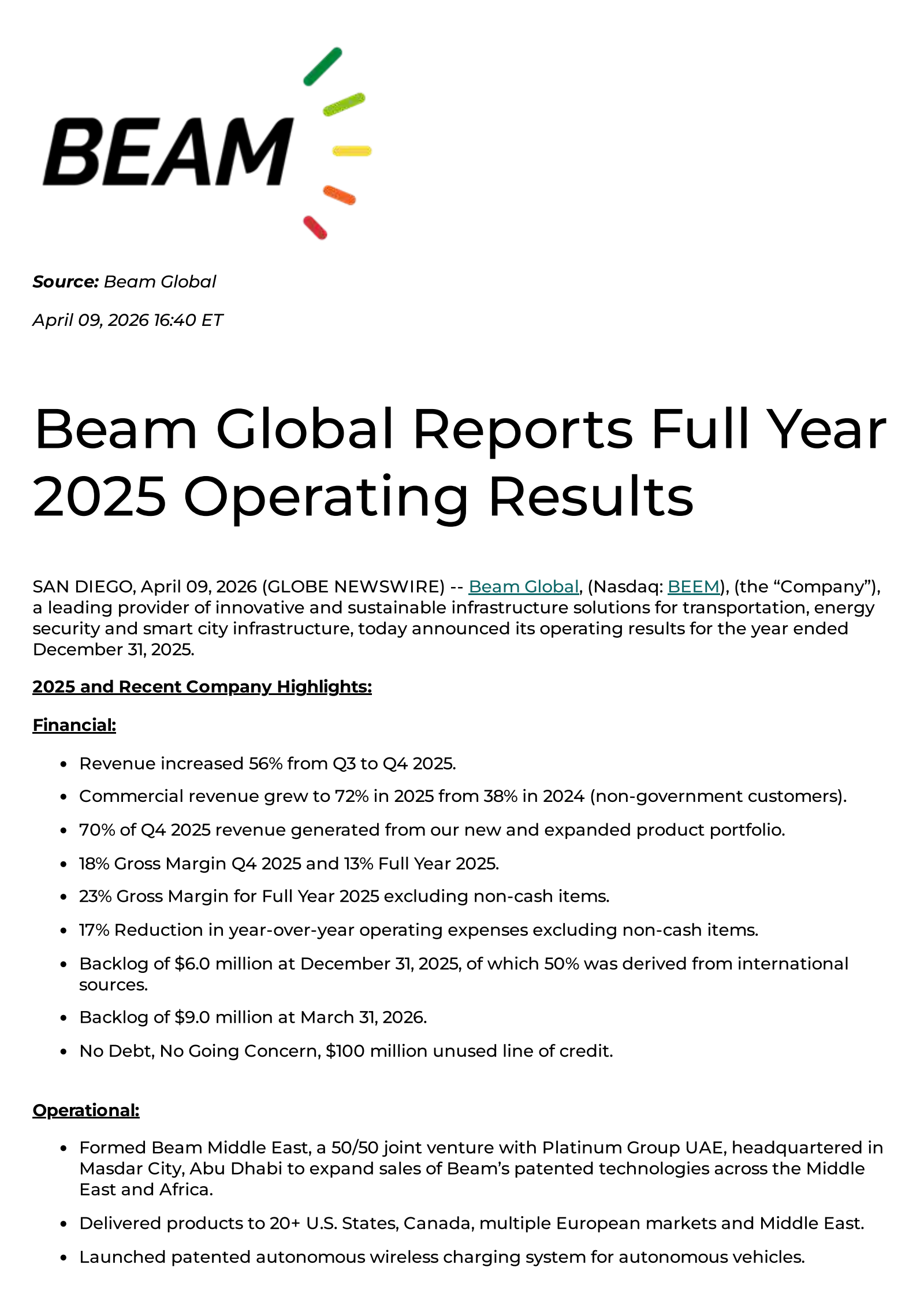 Beam Global's Q4 2025 Press Release
