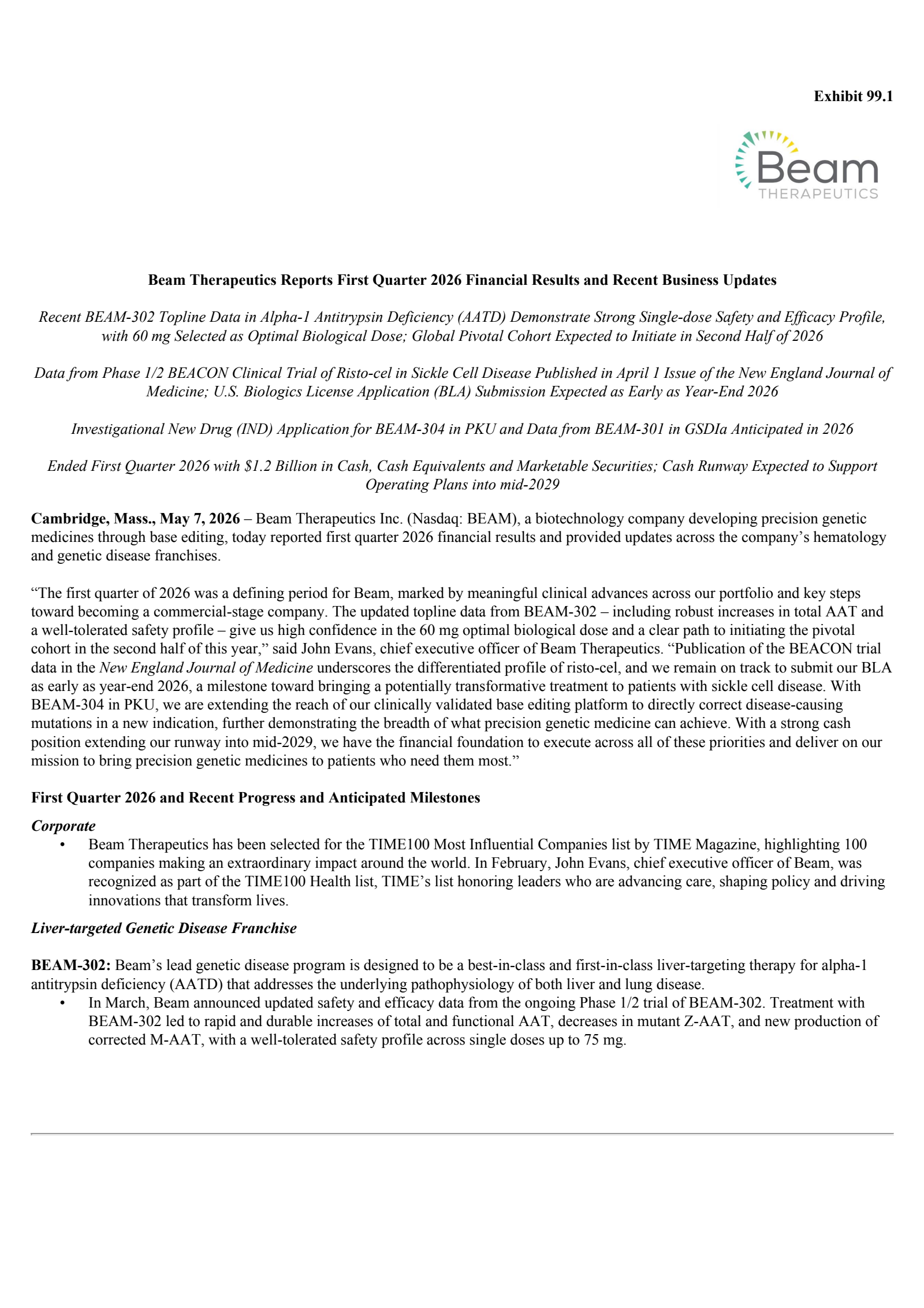 Beam Therapeutics' Q1 2026 Press Release