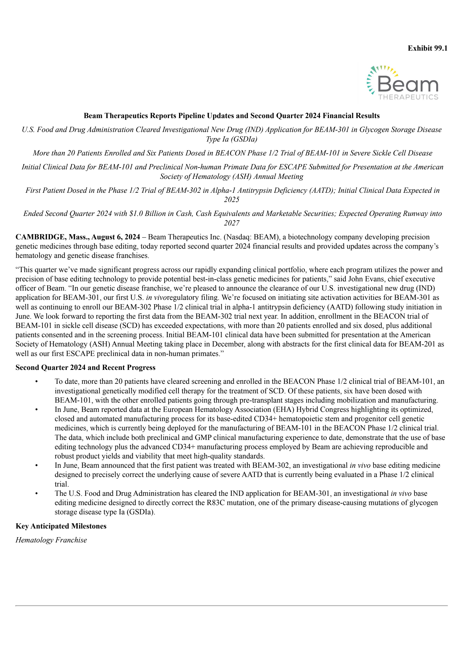 Beam Therapeutics' Q2 2024 Press Release
