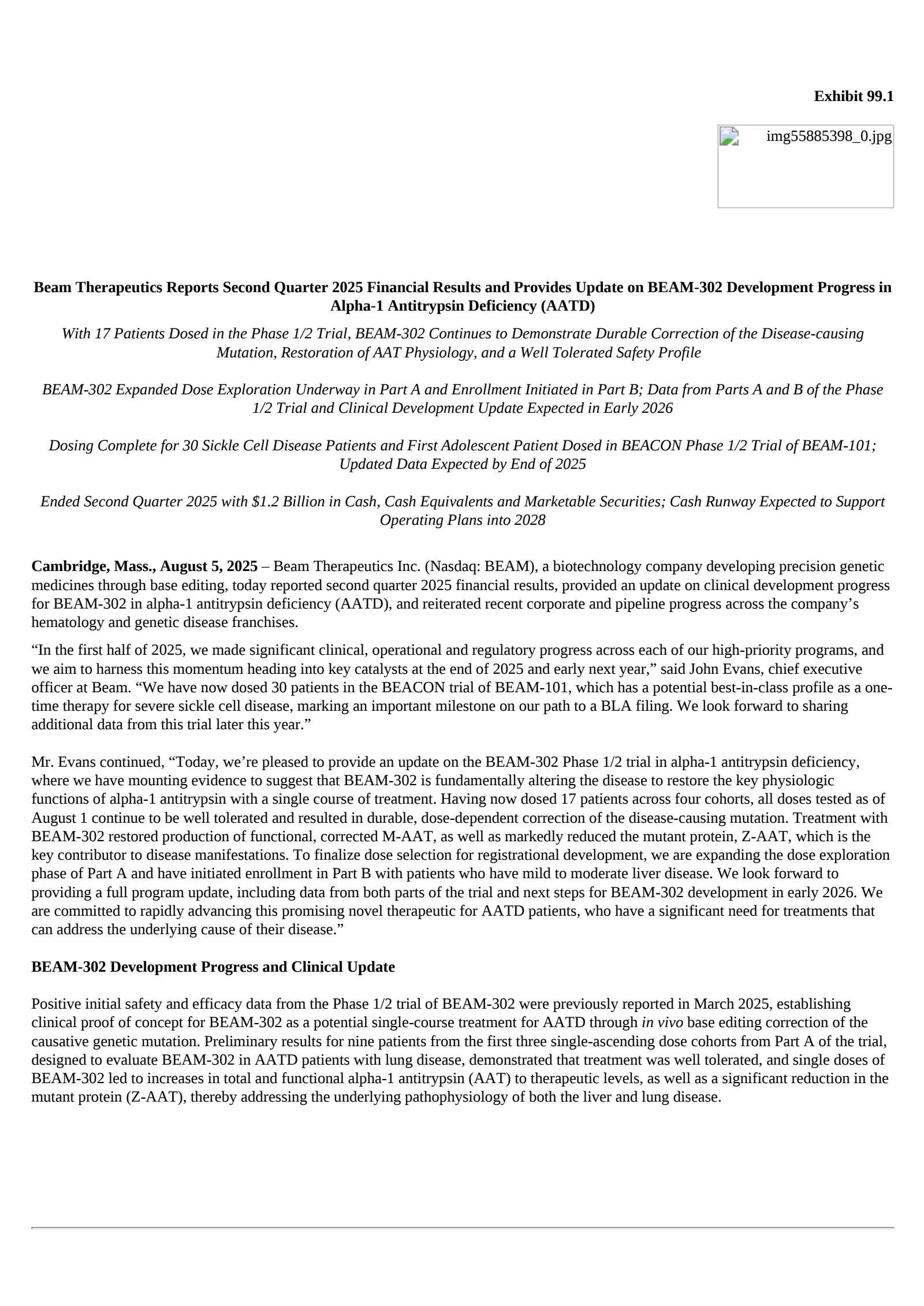 Beam Therapeutics' Q2 2025 Press Release