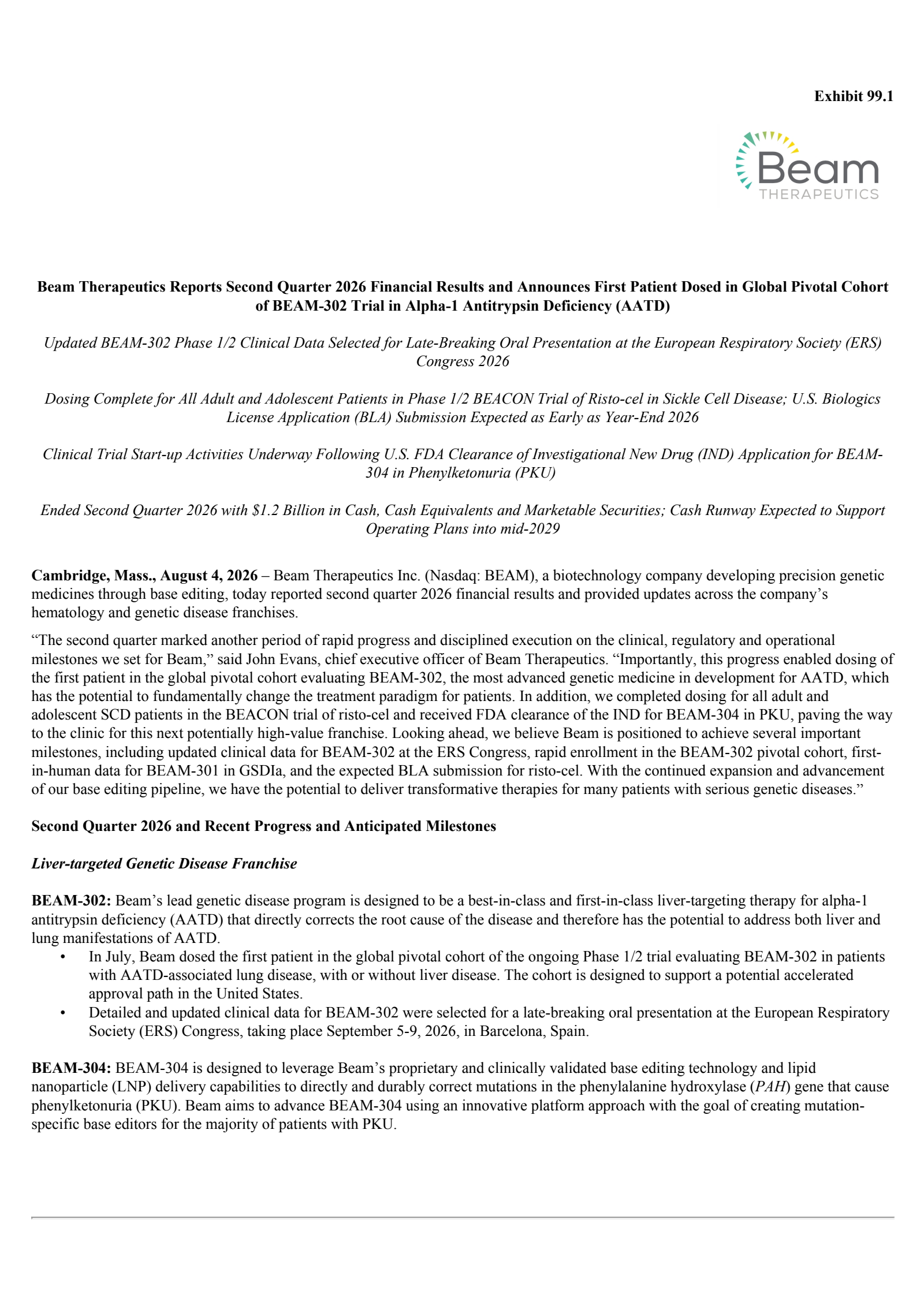 Beam Therapeutics' Q2 2026 Press Release