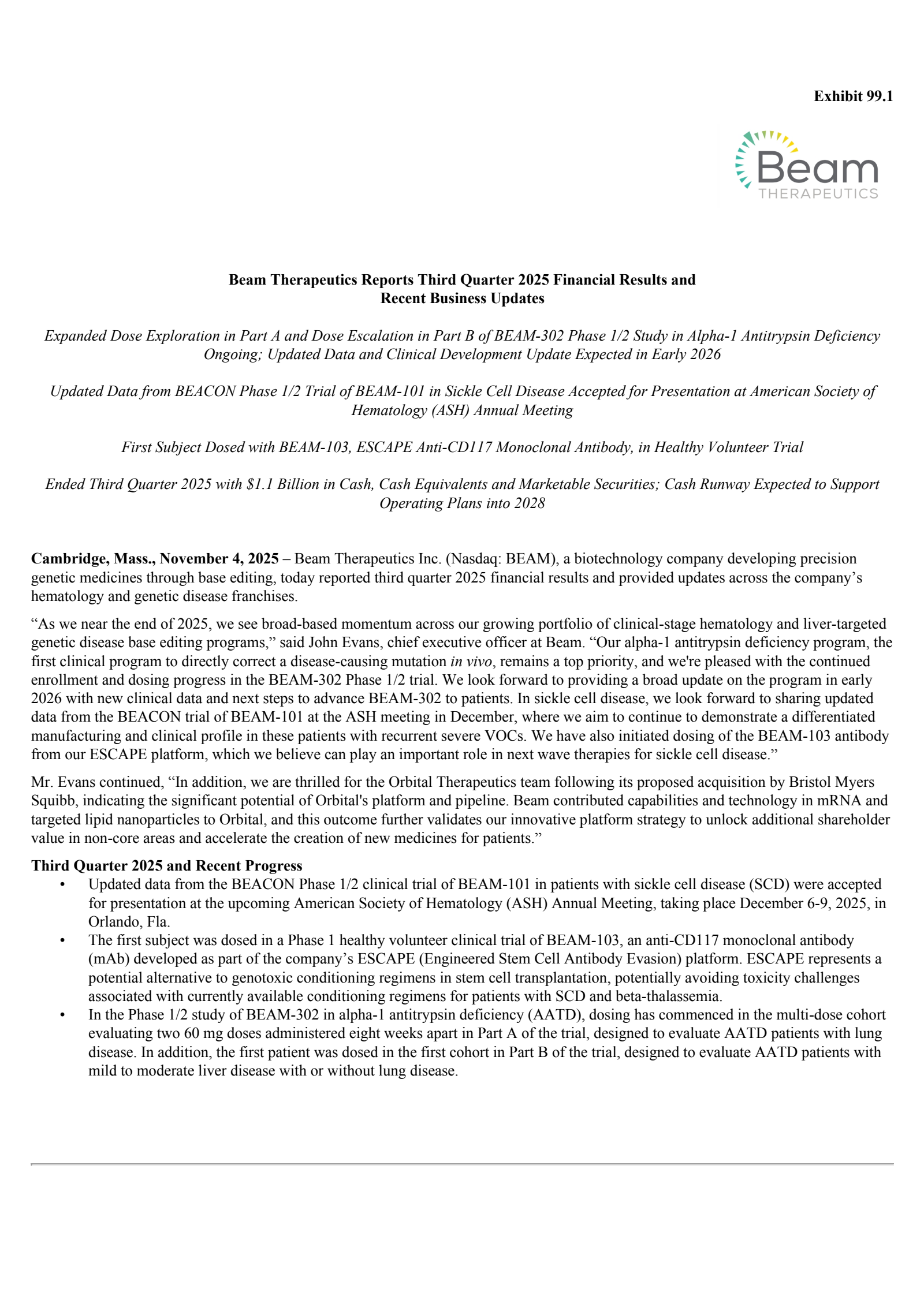 Beam Therapeutics' Q3 2025 Earnings Release