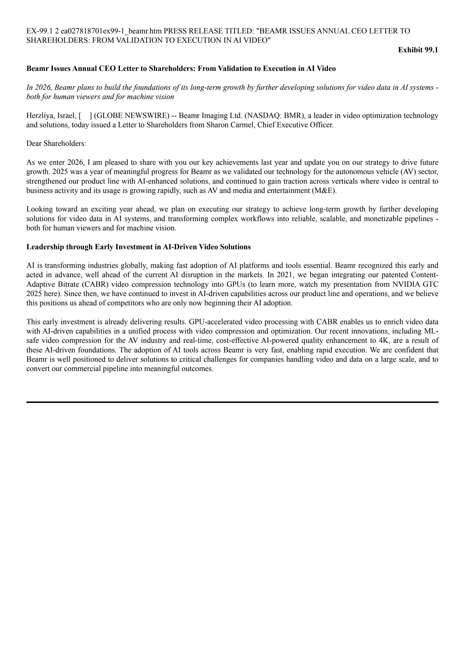 Beamr Imaging's Q4 2025 Press Release