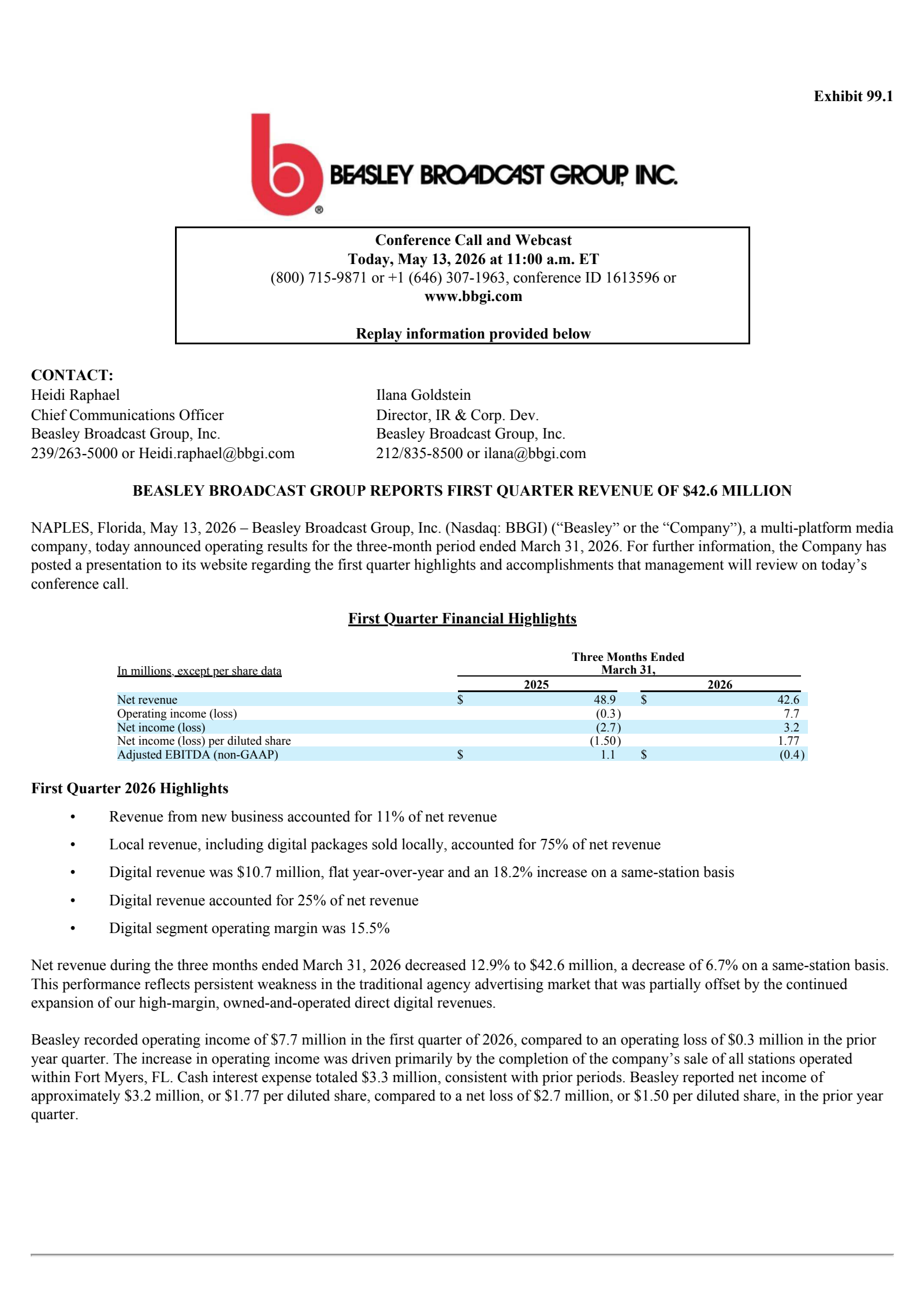 Beasley Broadcast Group's Q1 2026 Press Release