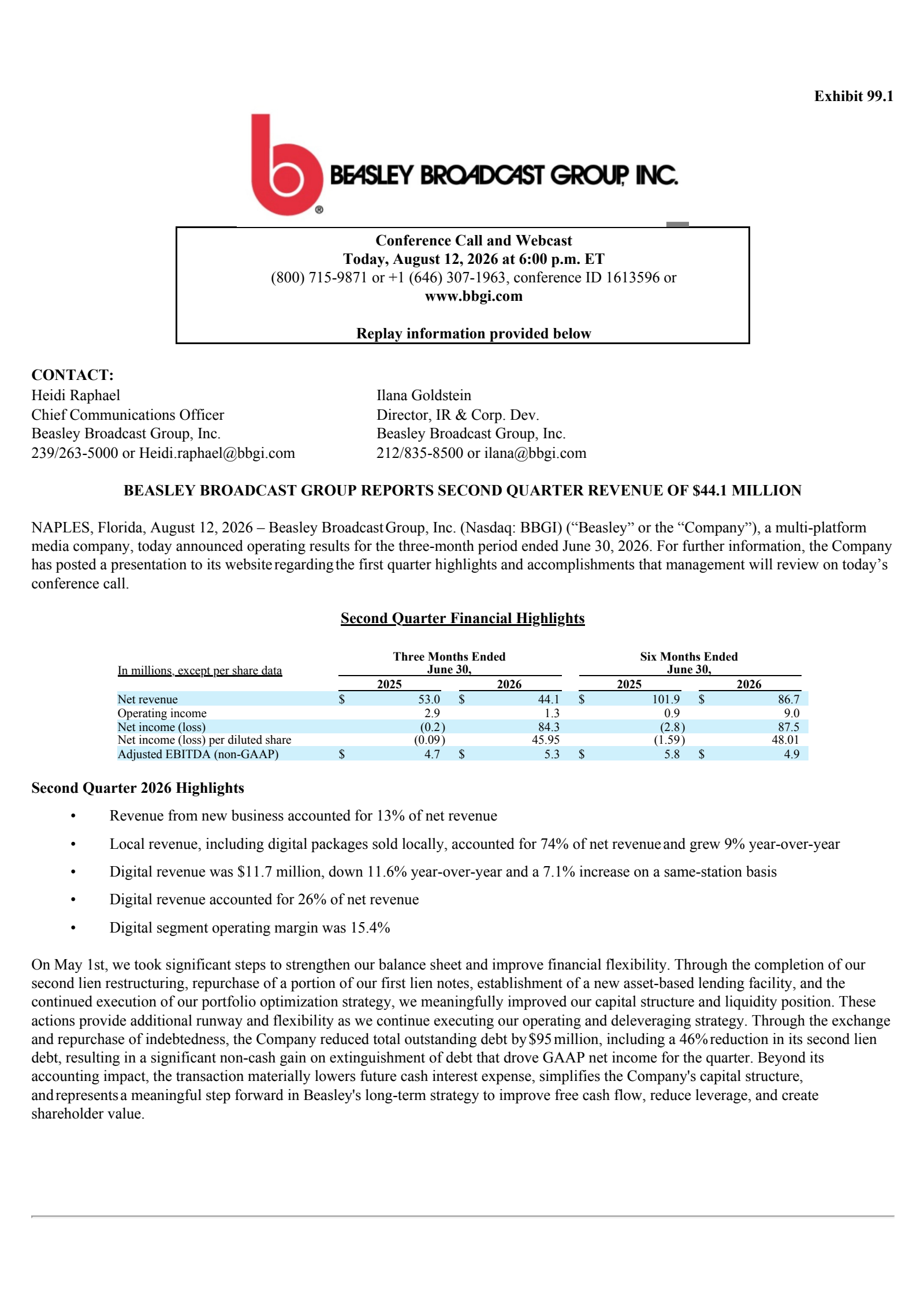 Beasley Broadcast Group's Q2 2026 Press Release