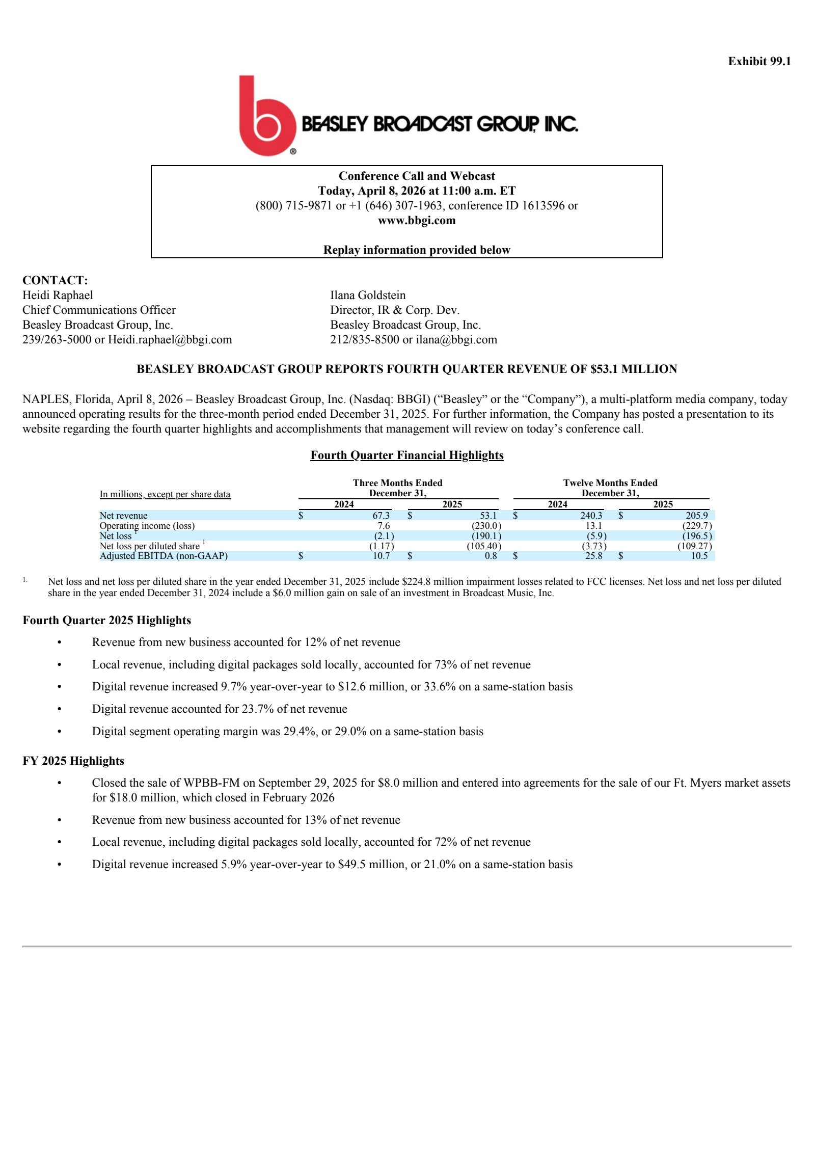 Beasley Broadcast Group's Q4 2025 Press Release