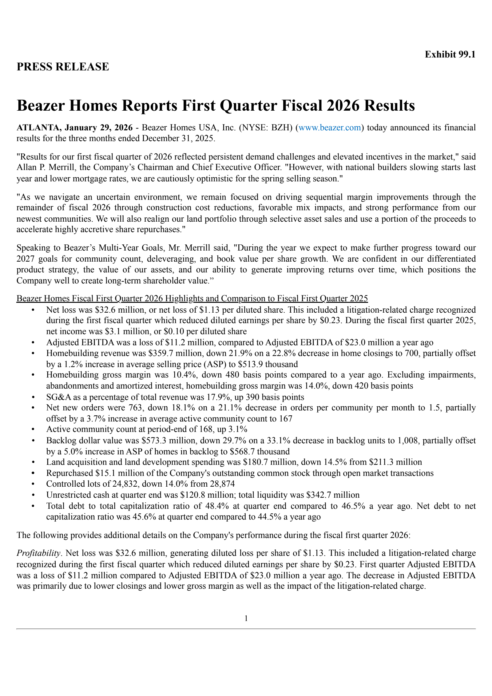 Beazer Homes USA's Q1 2026 Press Release