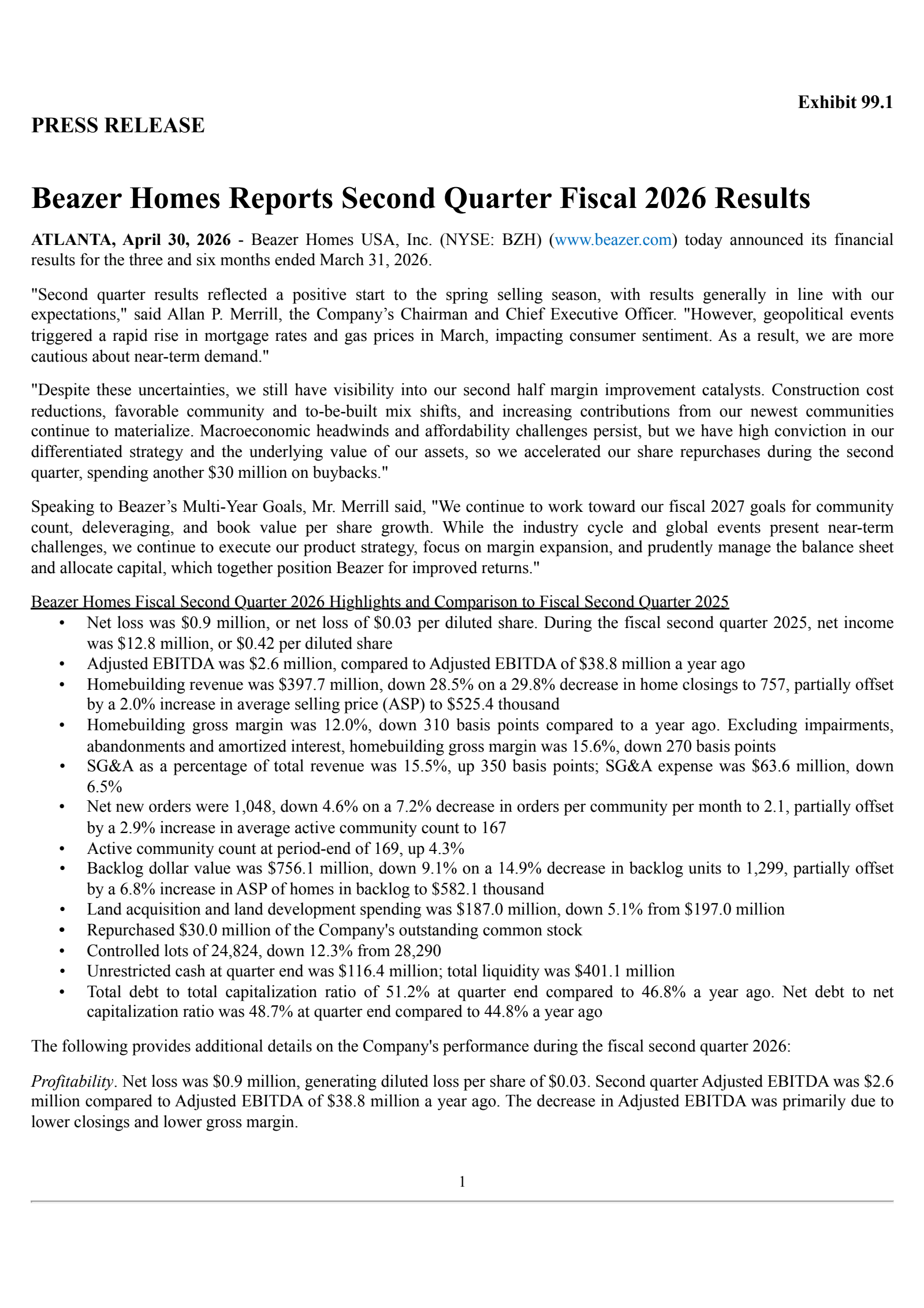Beazer Homes USA's Q2 2026 Press Release