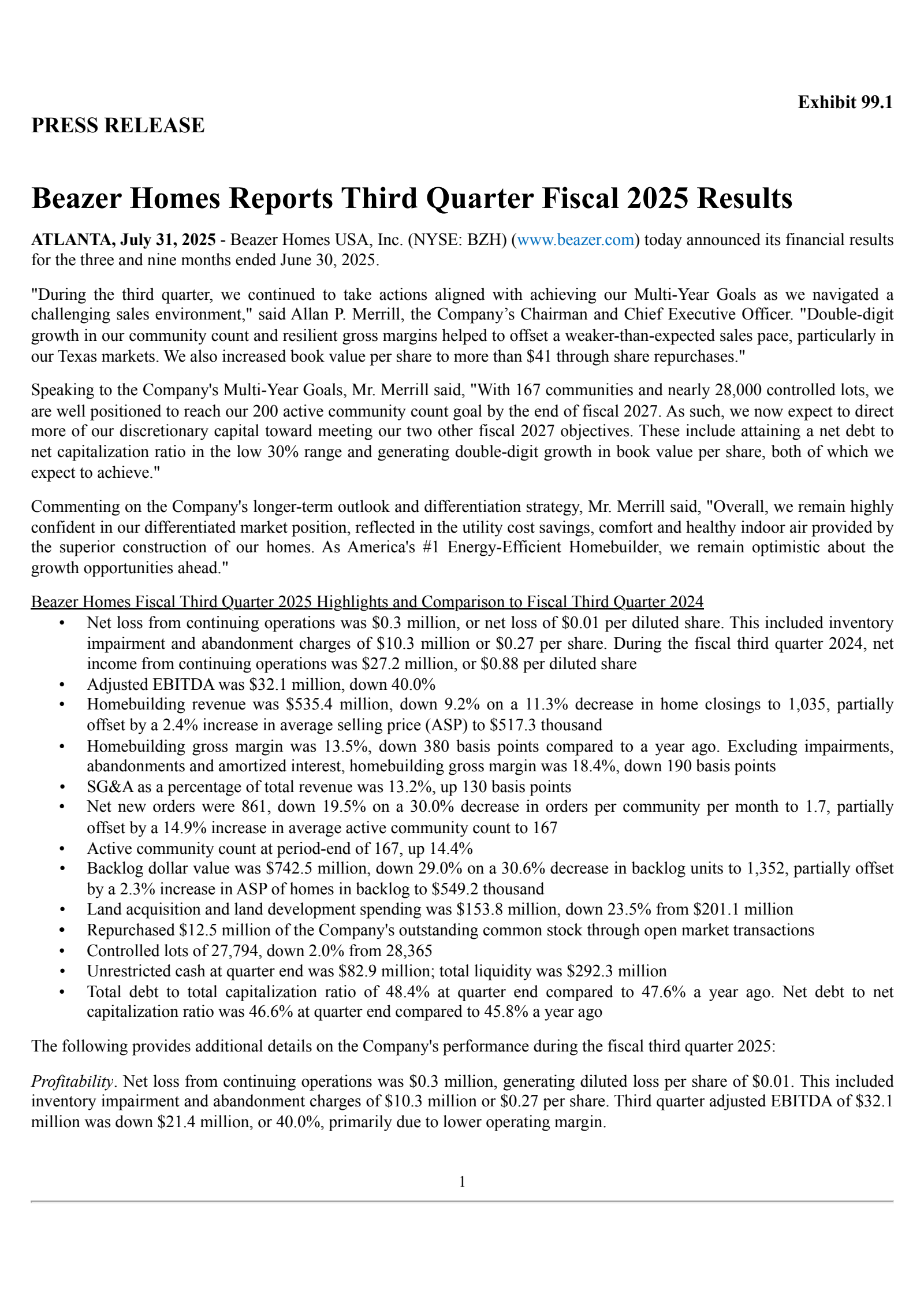 Beazer Homes USA's Q3 2025 Press Release