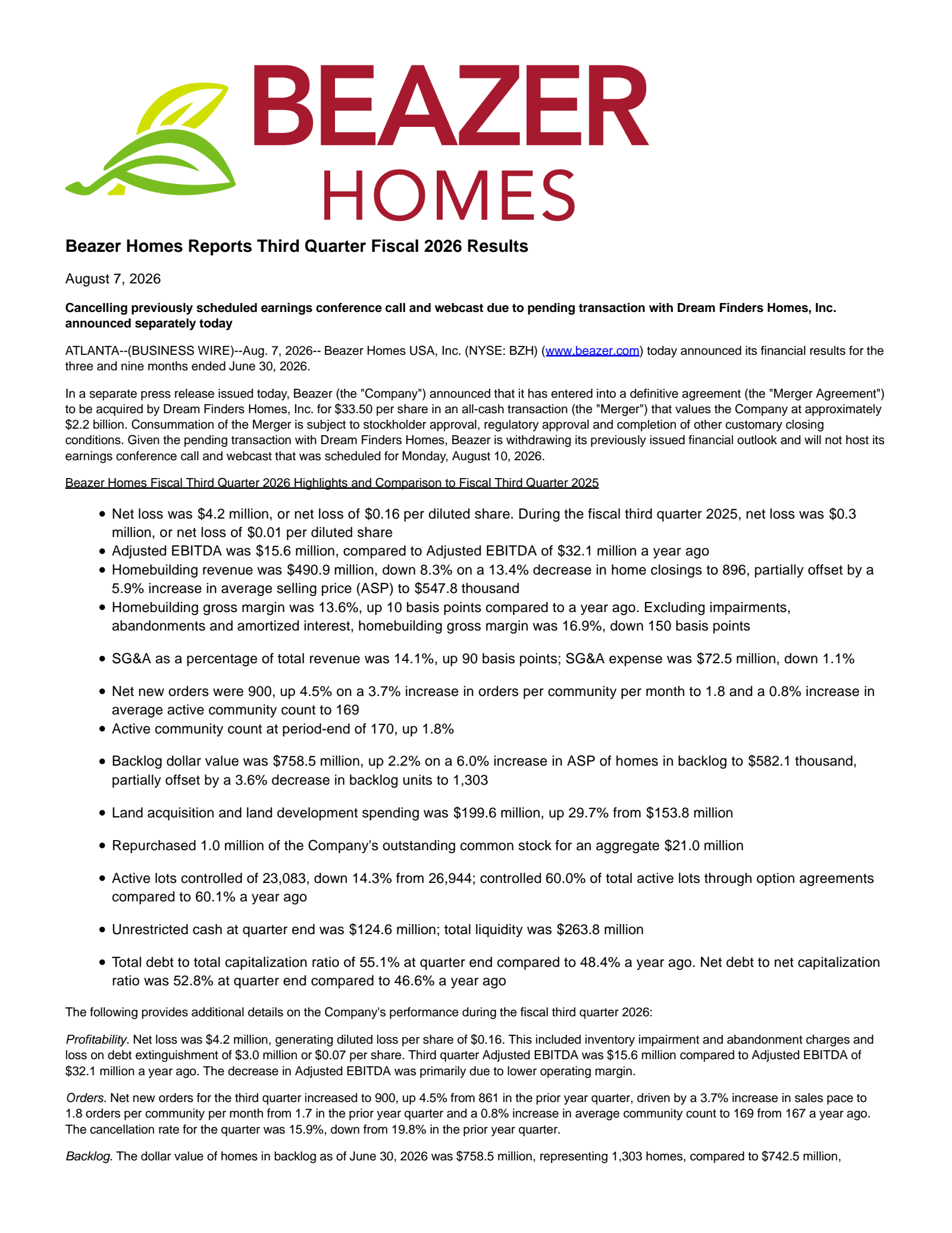 Beazer Homes USA's Q3 2026 Press Release