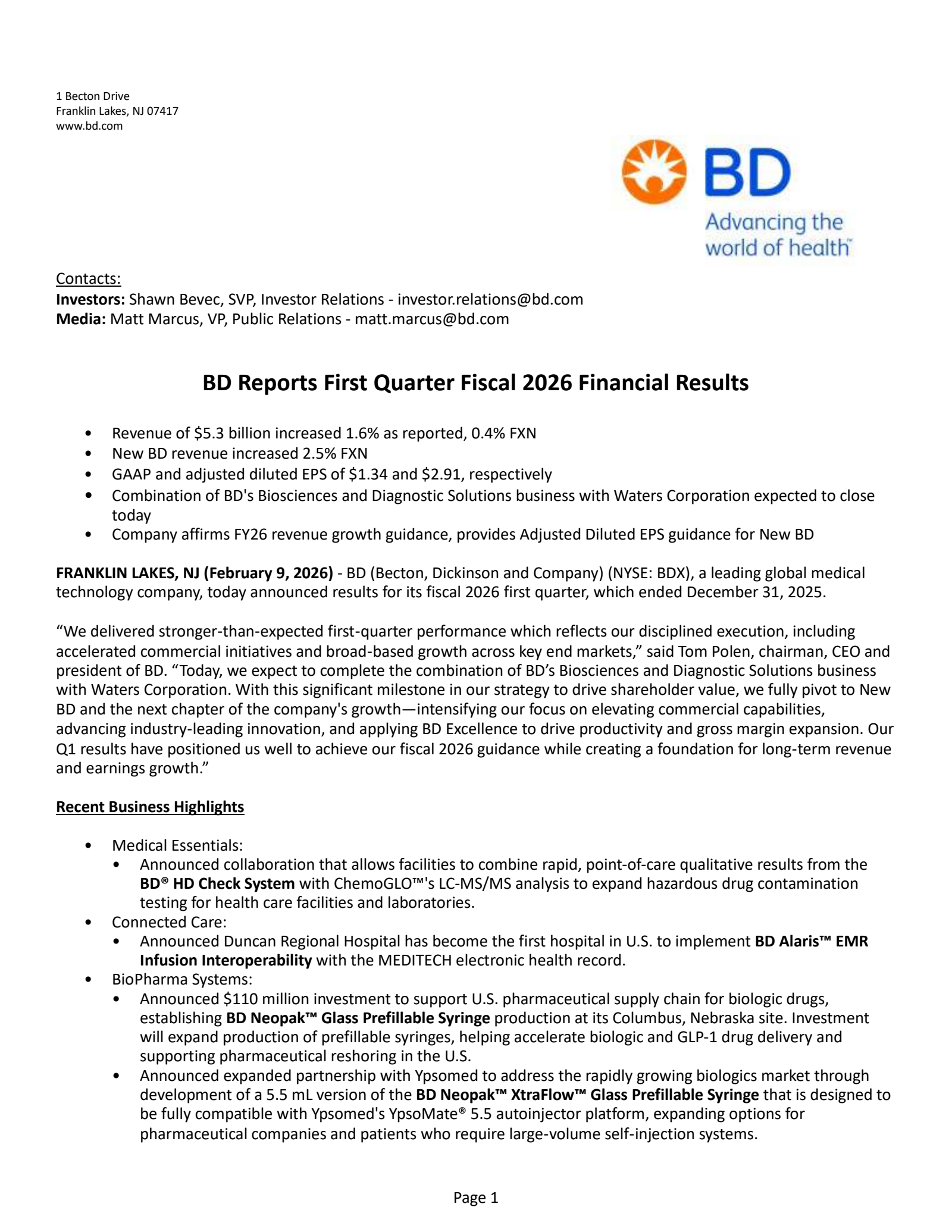 Becton, Dickinson and Company's Q1 2026 Press Release