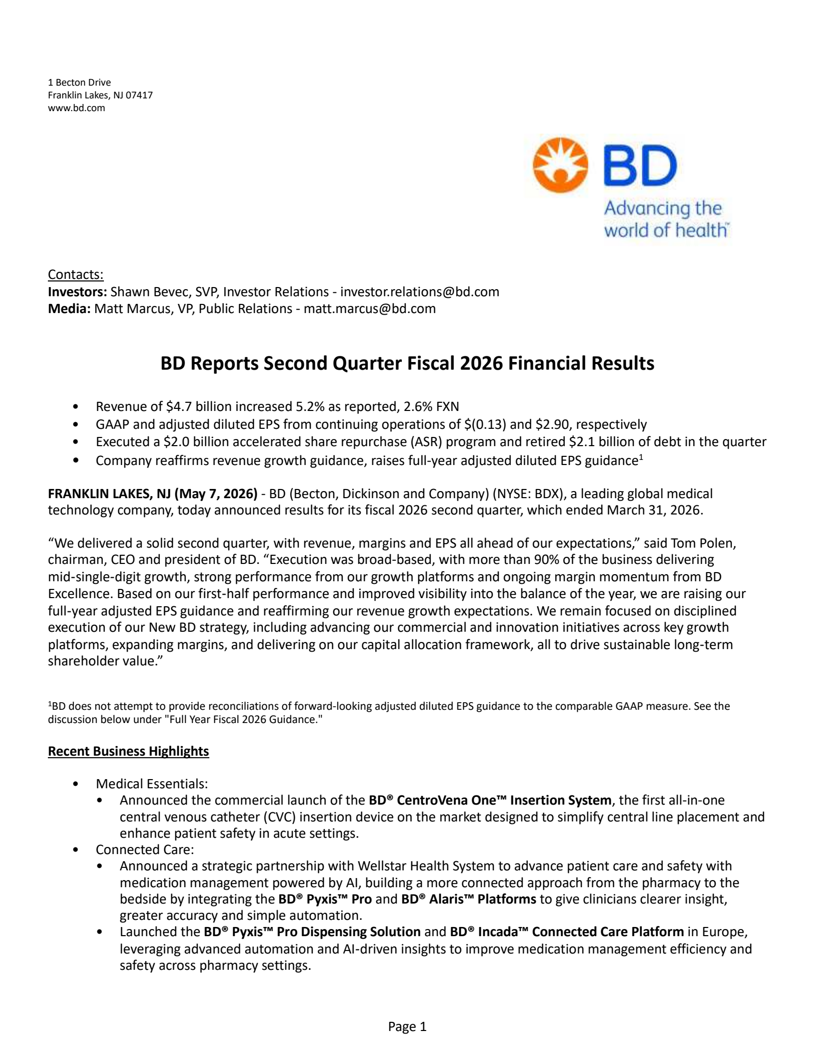 Becton, Dickinson and Company's Q2 2026 Press Release