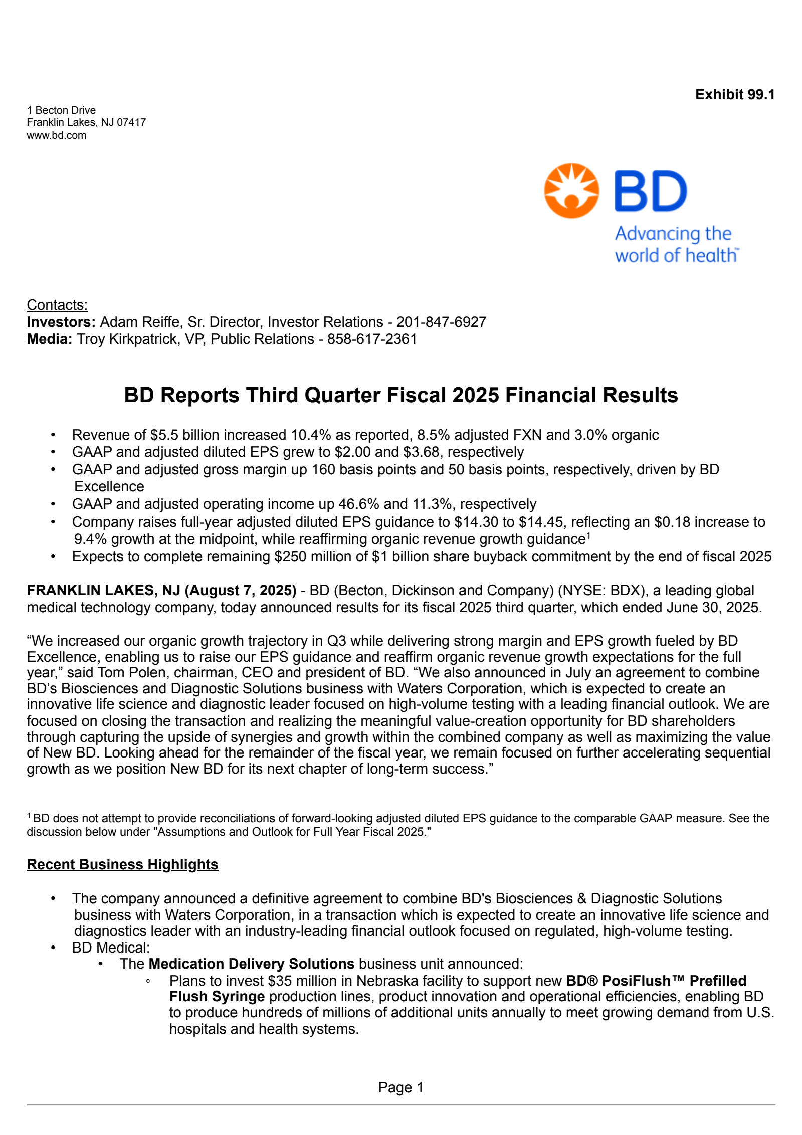 Becton, Dickinson and Company's Q3 2025 Press Release