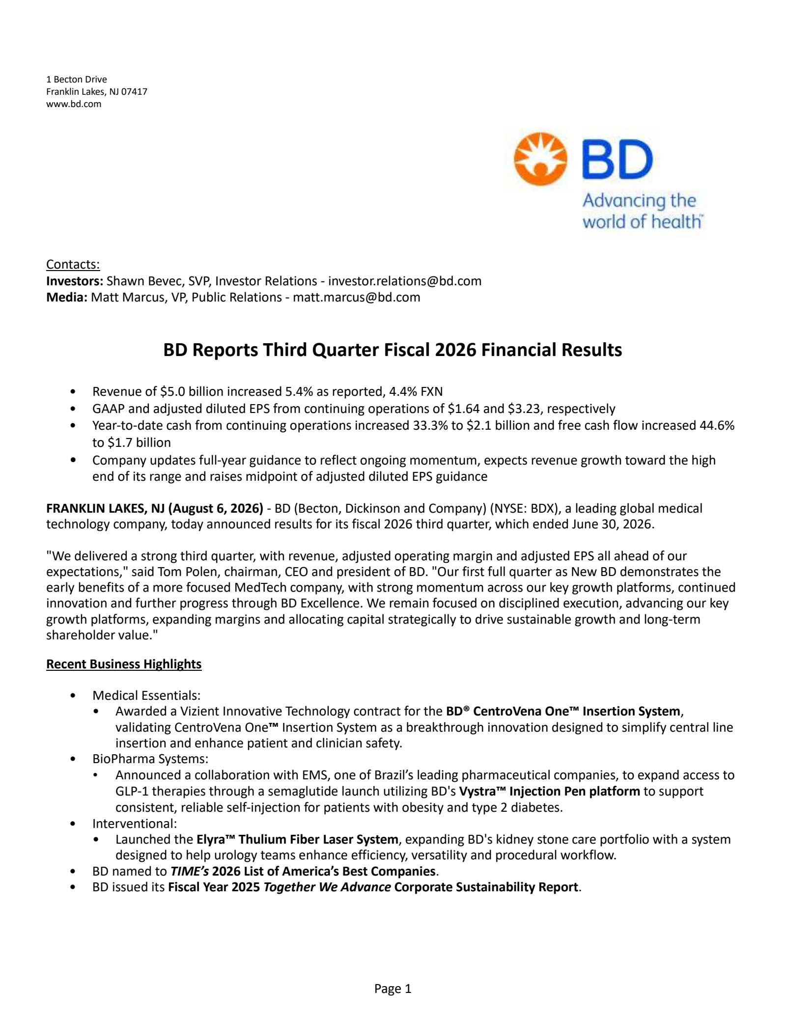Becton, Dickinson and Company's Q3 2026 Press Release