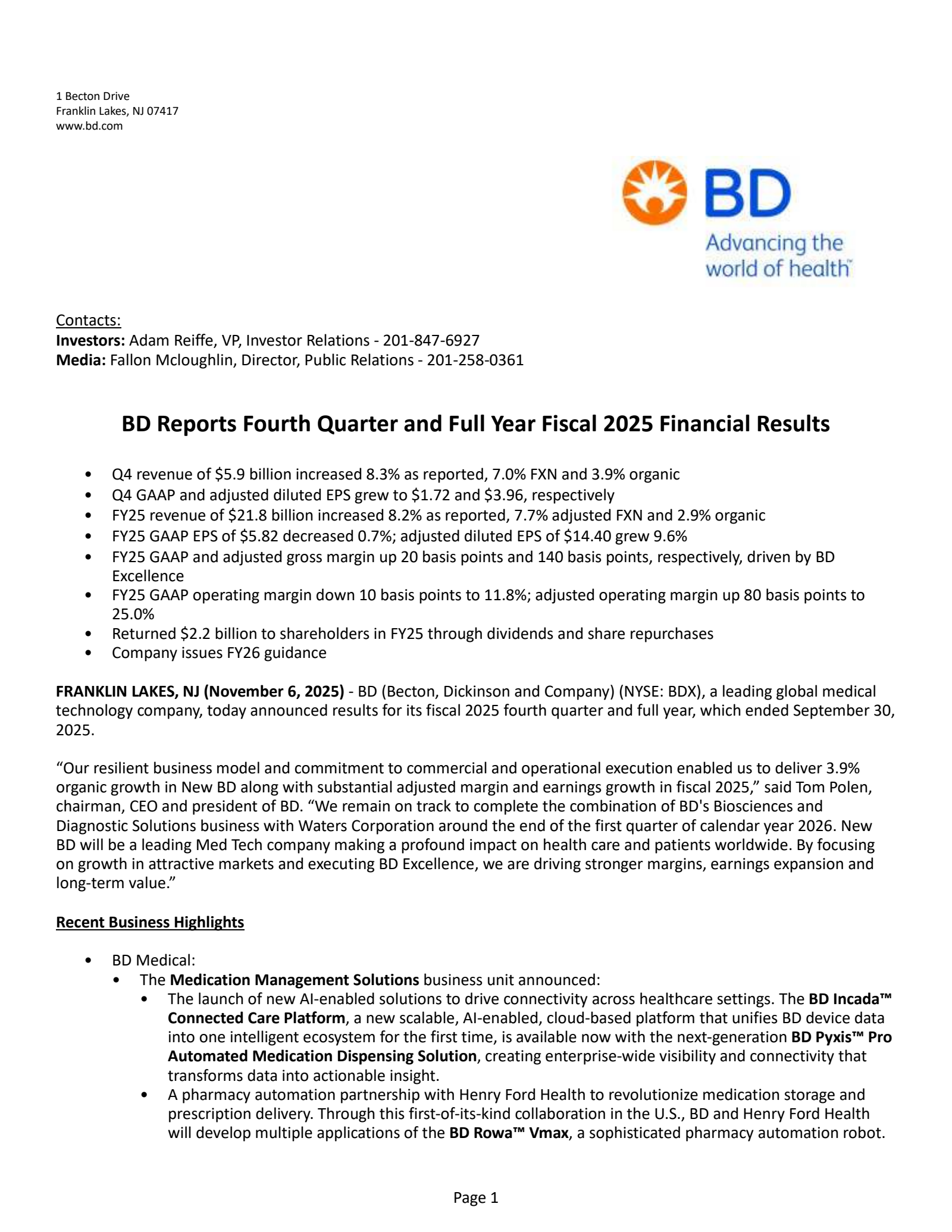 Becton, Dickinson and Company's Q4 2025 Earnings Release