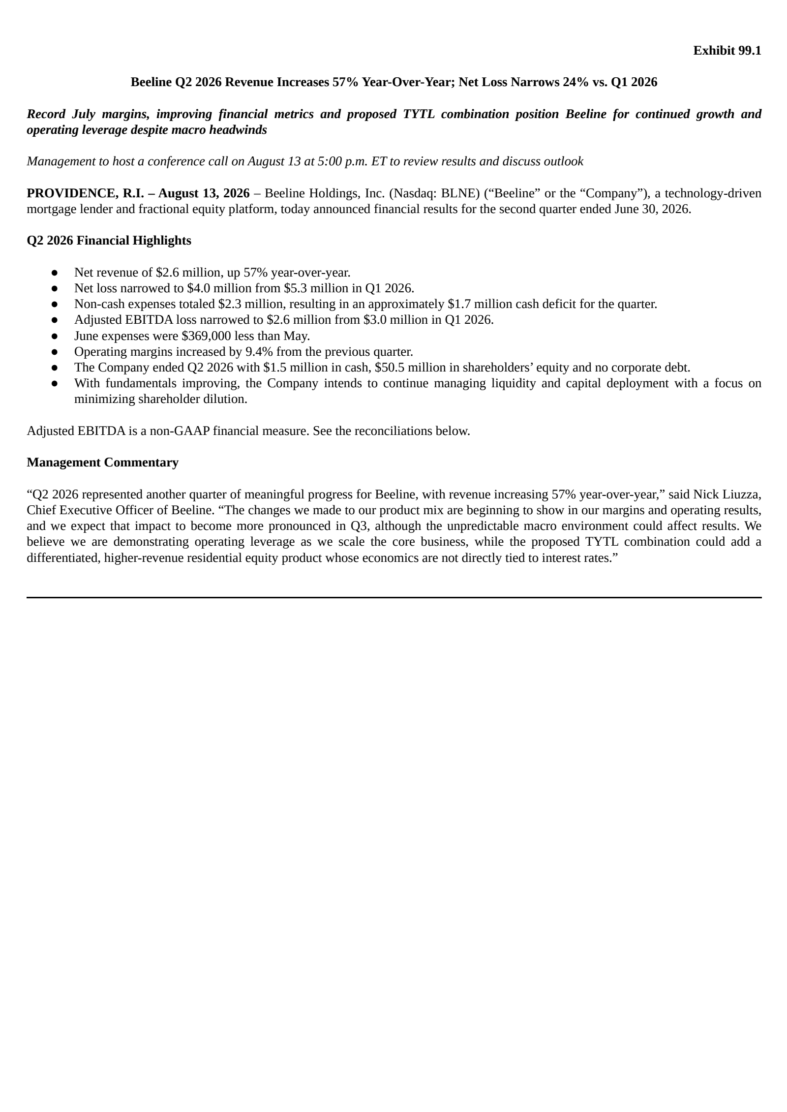 Beeline's Q2 2026 Press Release