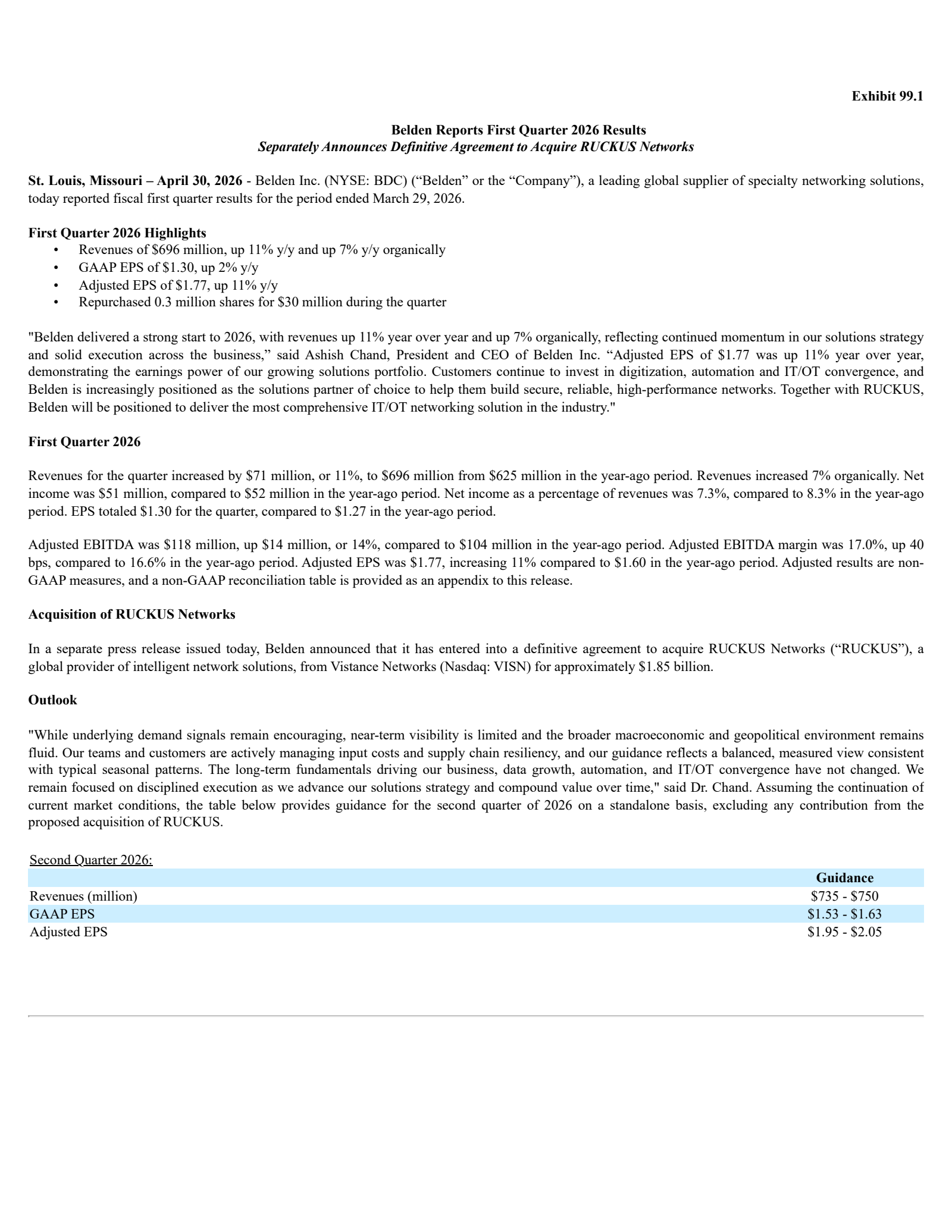 Belden's Q1 2026 Press Release